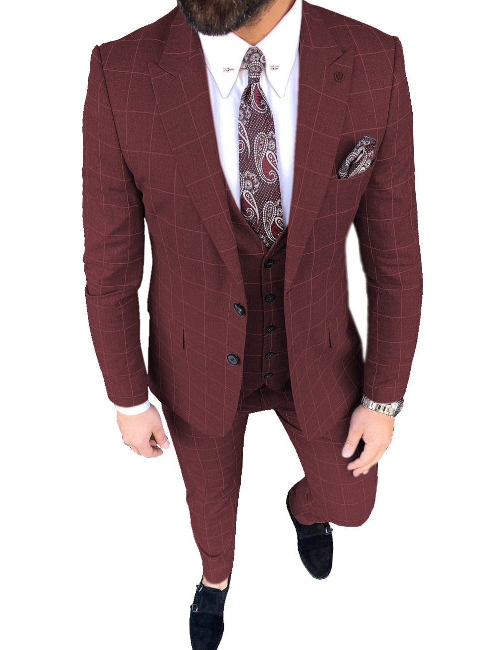 aesido Plaid Peak Lapel 3 Pieces Mens Suit (Blazer+vest+Pants)