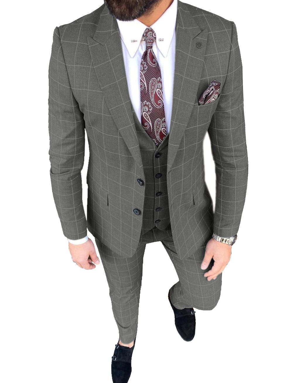 aesido Plaid Peak Lapel 3 Pieces Mens Suit (Blazer+vest+Pants)
