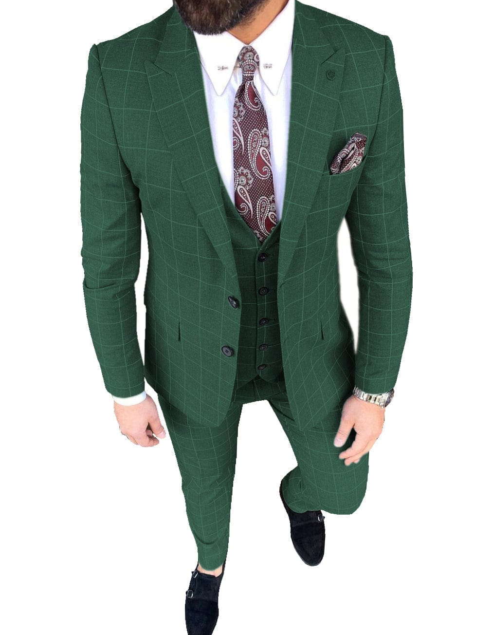 aesido Plaid Peak Lapel 3 Pieces Mens Suit (Blazer+vest+Pants)