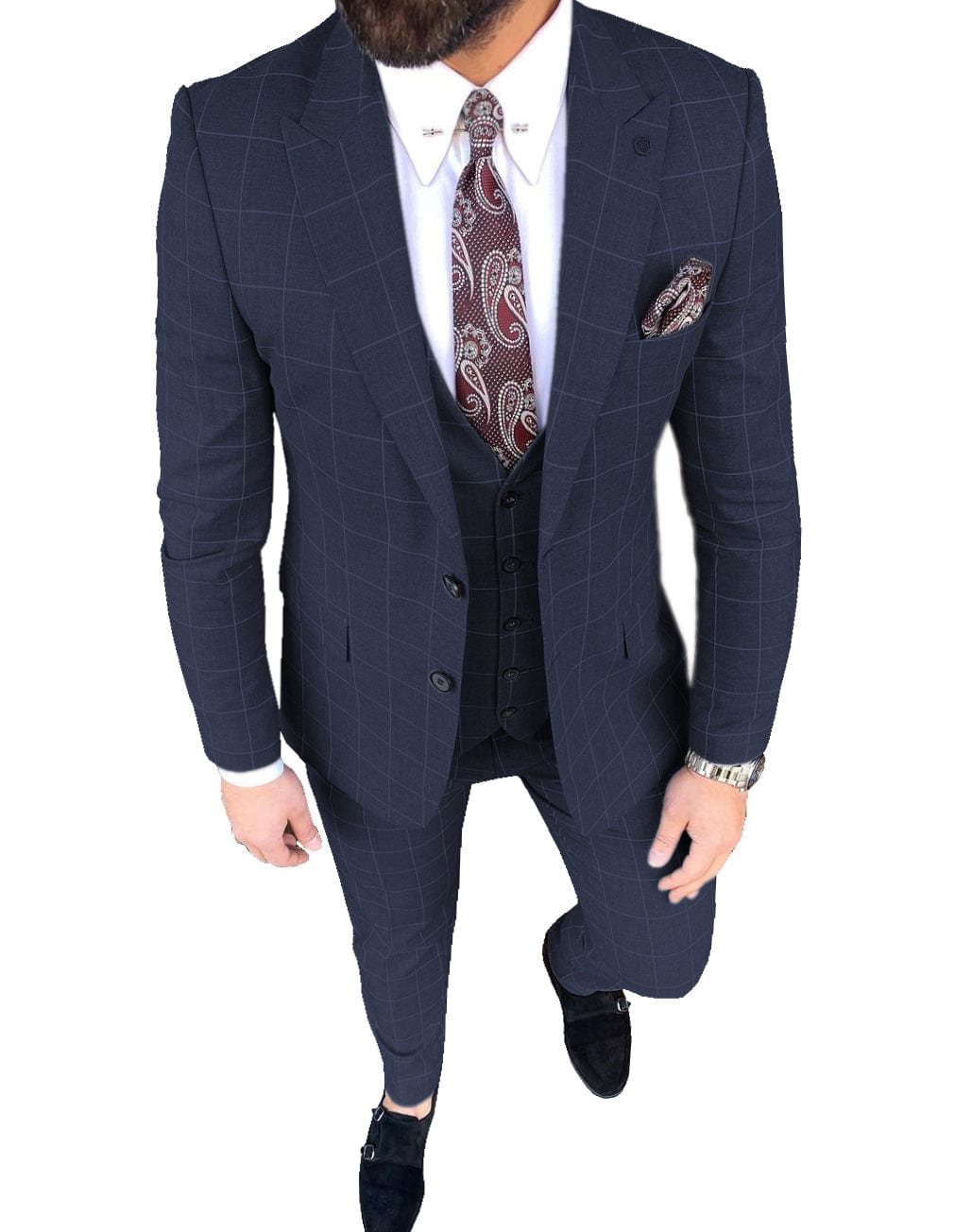 aesido Plaid Peak Lapel 3 Pieces Mens Suit (Blazer+vest+Pants)