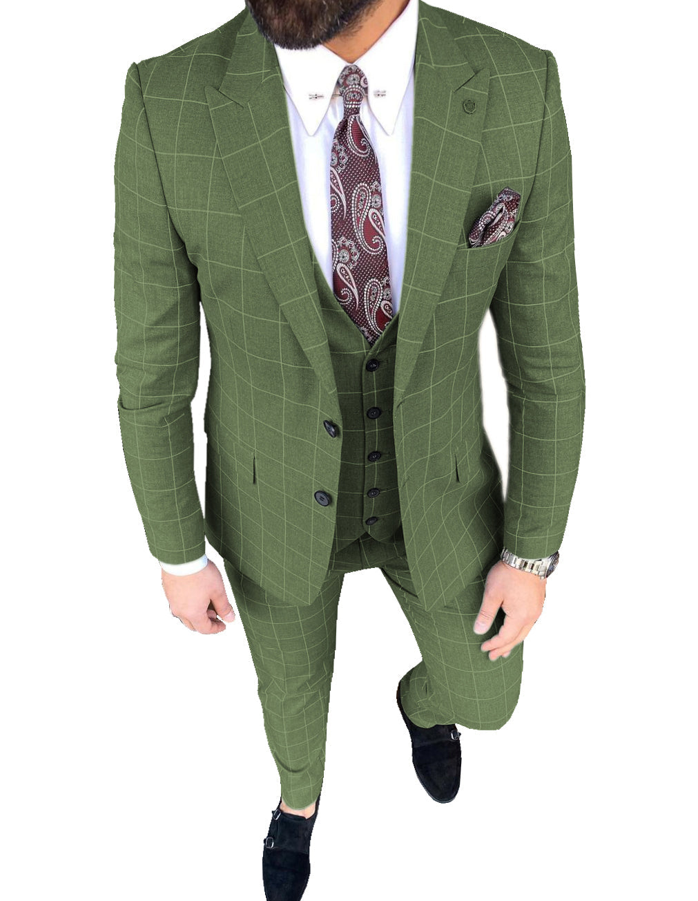 aesido Plaid Peak Lapel 3 Pieces Mens Suit (Blazer+vest+Pants)
