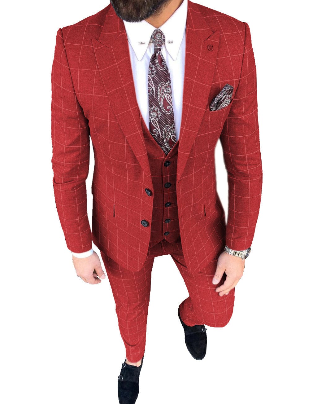 aesido Plaid Peak Lapel 3 Pieces Mens Suit (Blazer+vest+Pants)