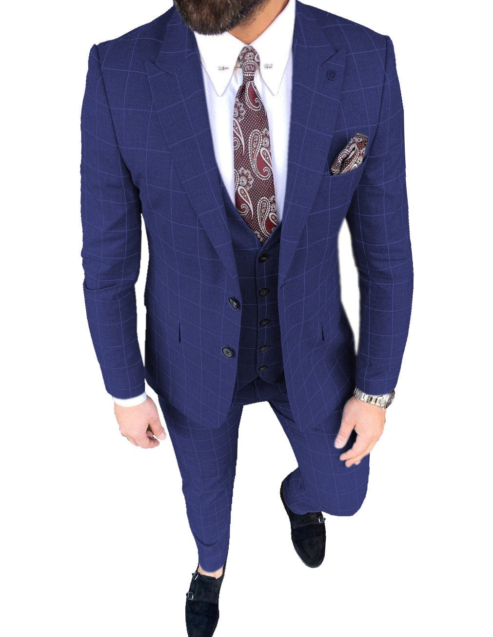 aesido Plaid Peak Lapel 3 Pieces Mens Suit (Blazer+vest+Pants)