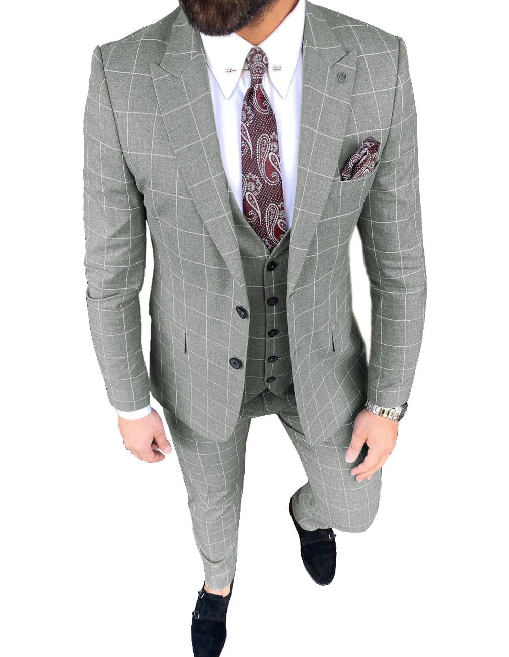 aesido Plaid Peak Lapel 3 Pieces Mens Suit (Blazer+vest+Pants)
