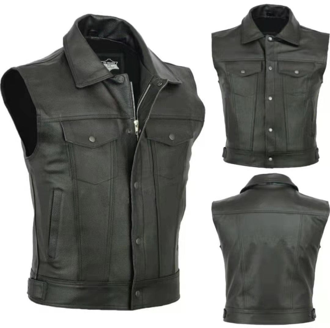aesido Solid Color Zipper Faux Leather Vest Lapel Motorcycle Punk Sleeveless Jacket