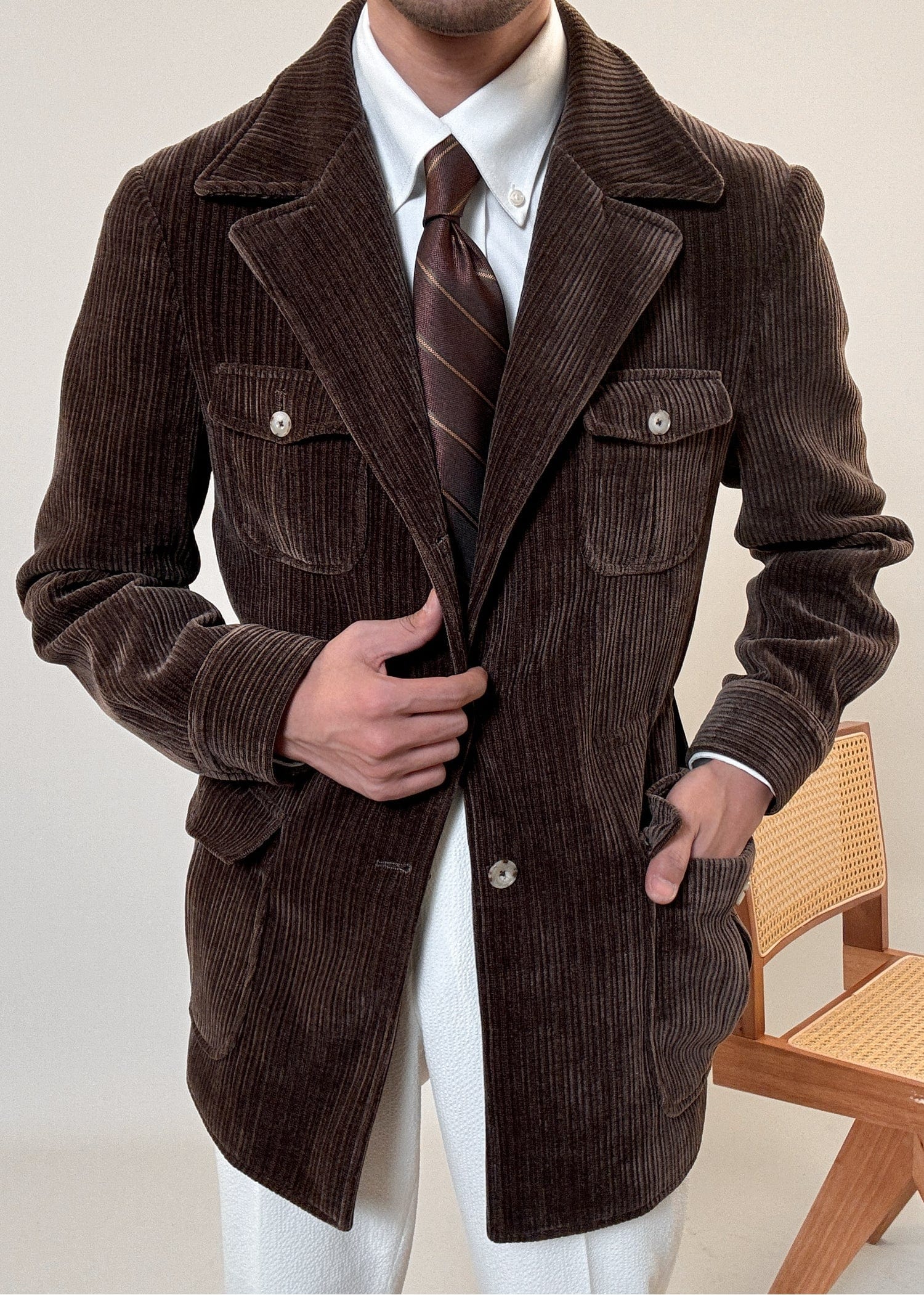aesido Spring Corduroy Jacket Lapel Retro Trend Business Casual Men's Jacket