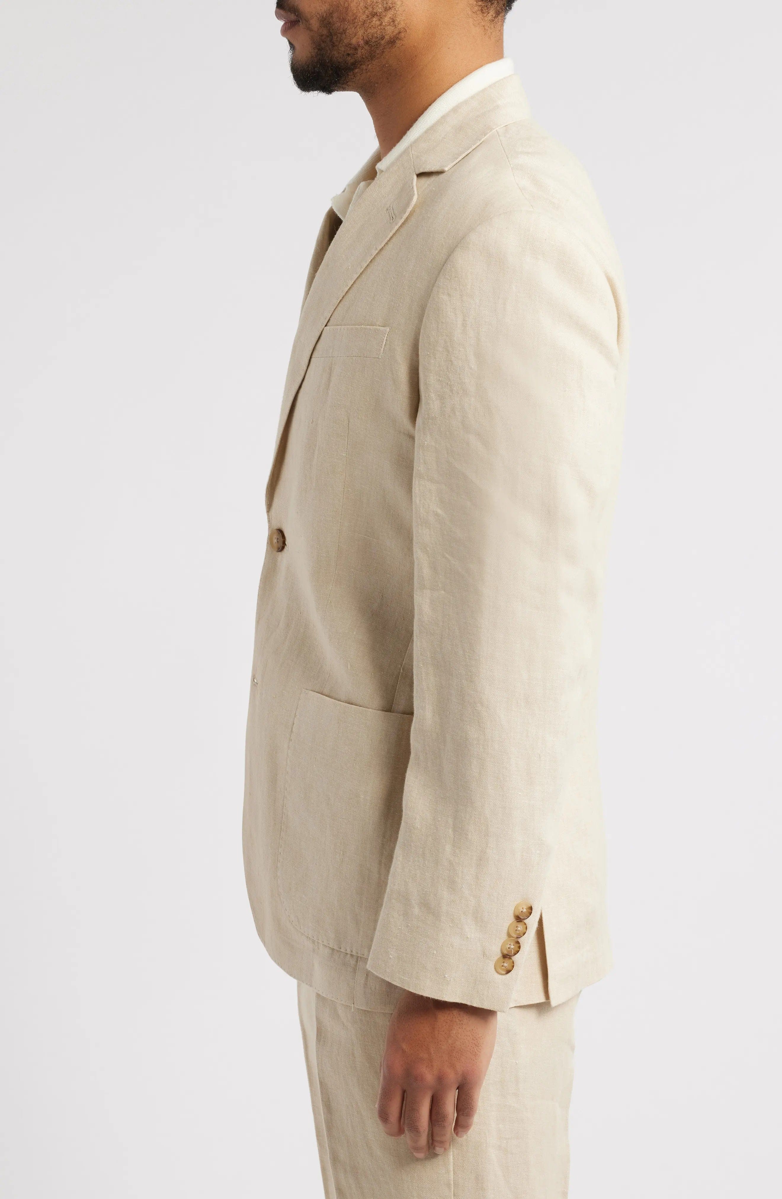 aesido Summer Beige 2 Piece Linen Double Button Business Casual Men Suit (Blazer+Pants)