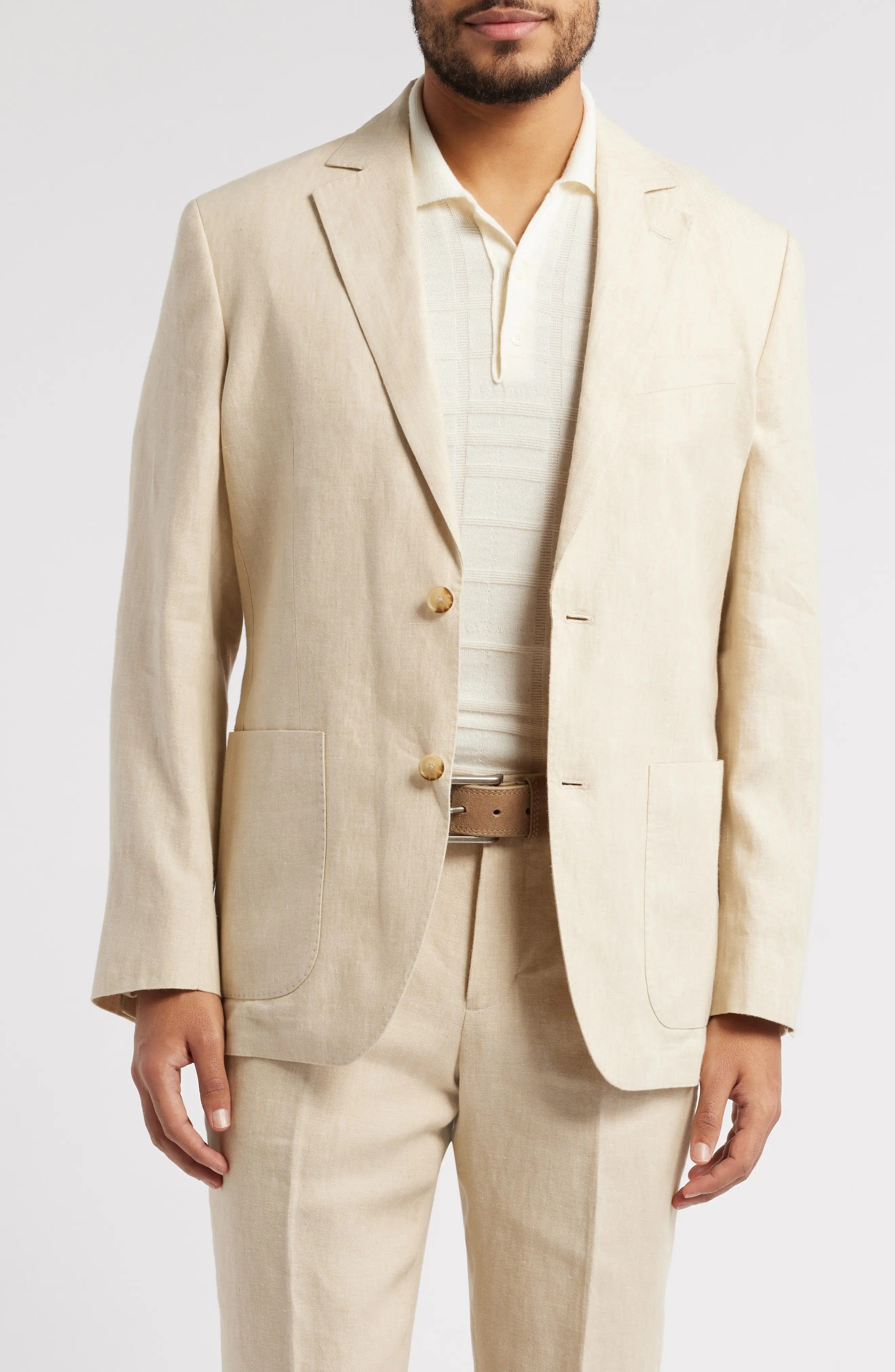 aesido Summer Beige 2 Piece Linen Double Button Business Casual Men Suit (Blazer+Pants)
