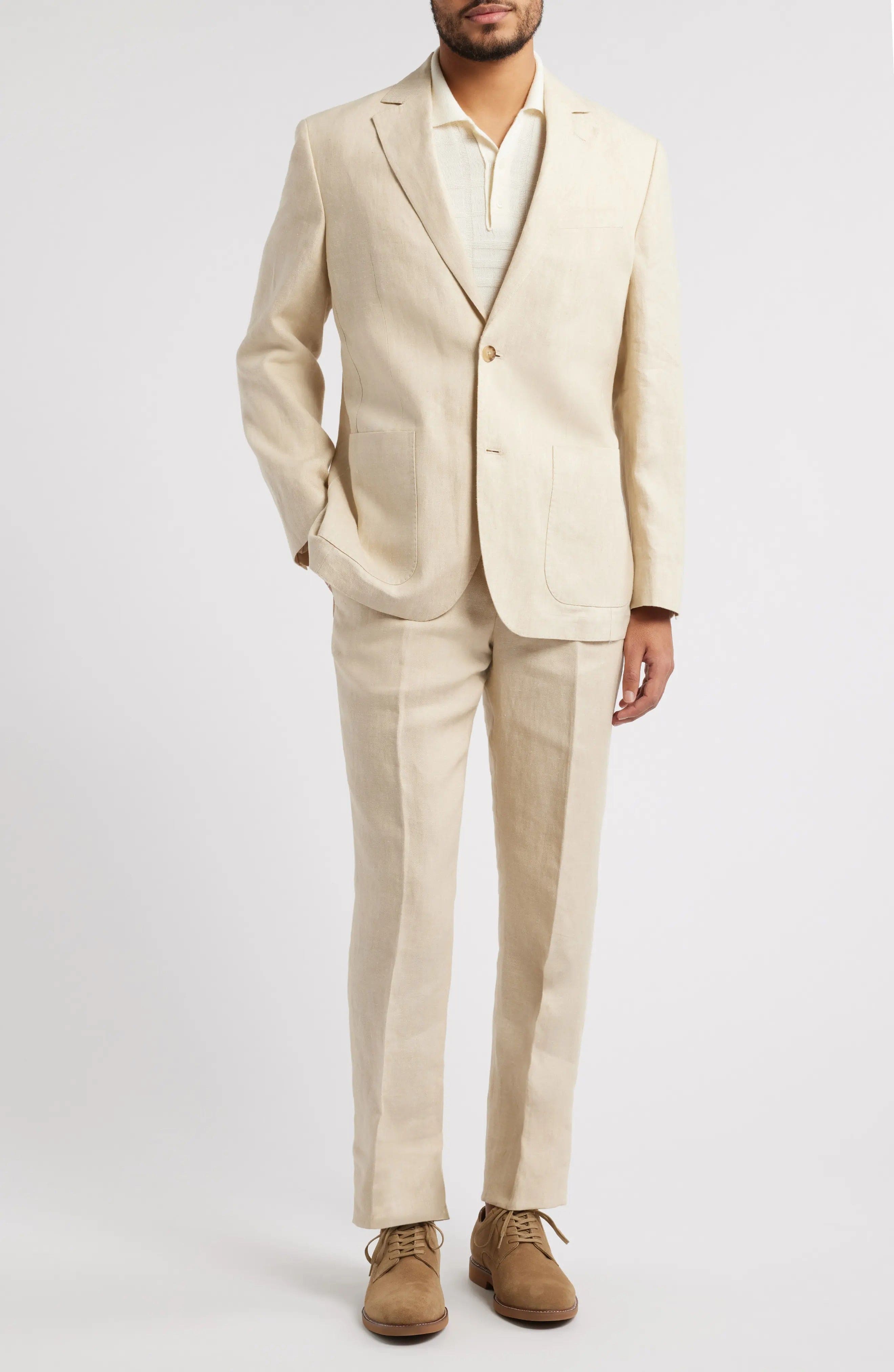 aesido Summer Beige 2 Piece Linen Double Button Business Casual Men Suit (Blazer+Pants)