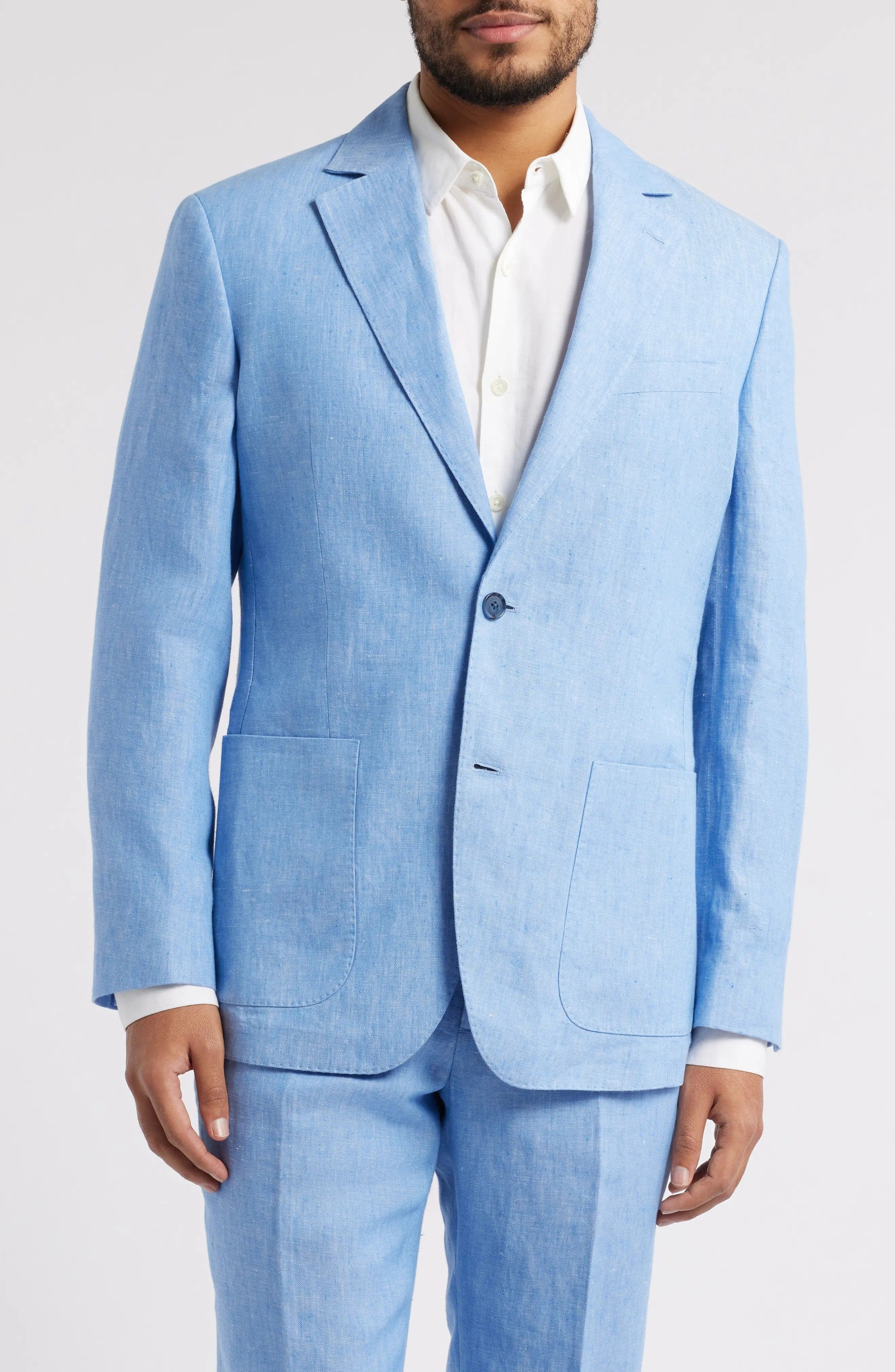 aesido Summer Blue 2 Piece Linen Double Button Business Casual Men Suit (Blazer+Pants)
