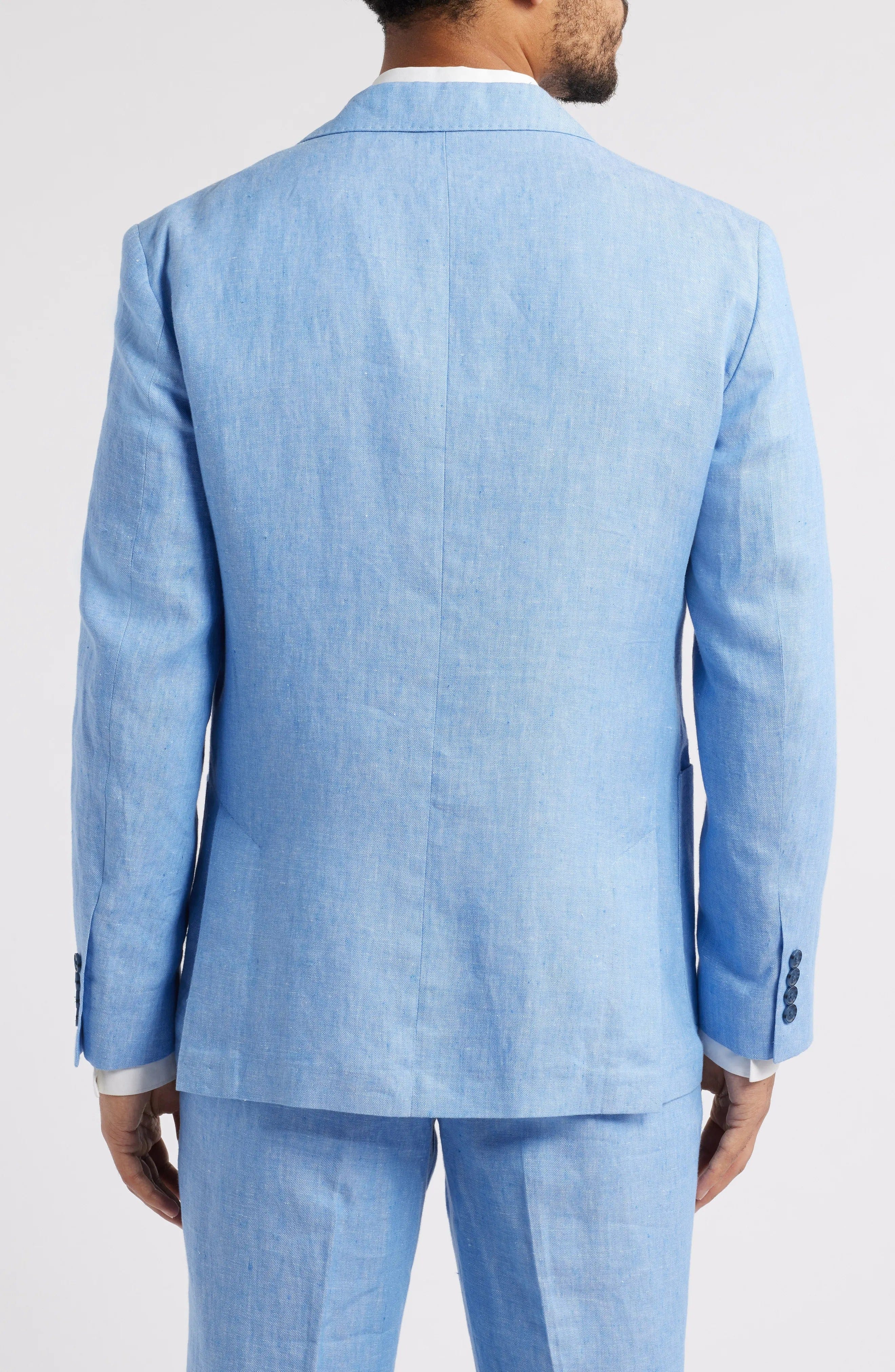 aesido Summer Blue 2 Piece Linen Double Button Business Casual Men Suit (Blazer+Pants)