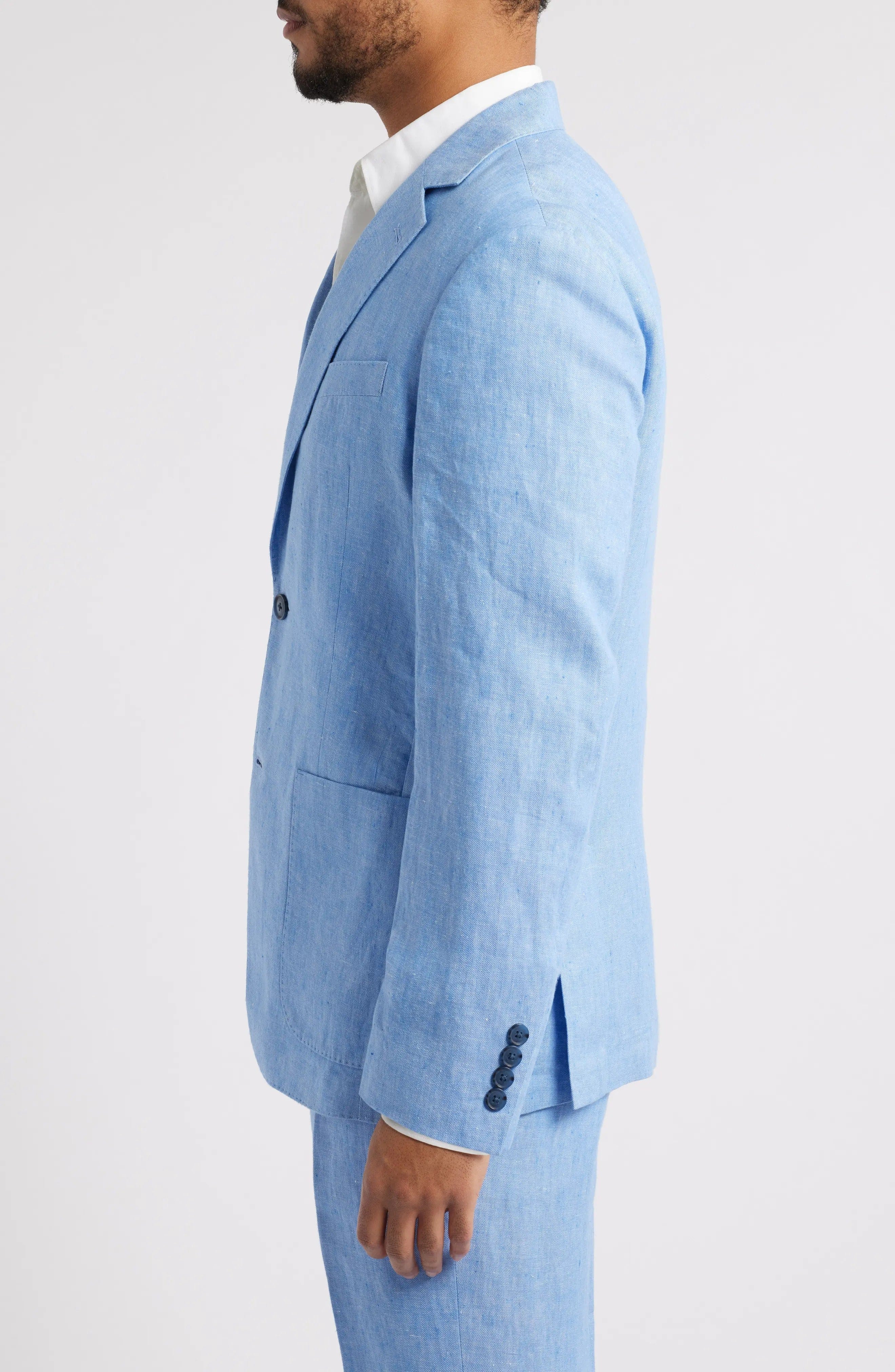 aesido Summer Blue 2 Piece Linen Double Button Business Casual Men Suit (Blazer+Pants)