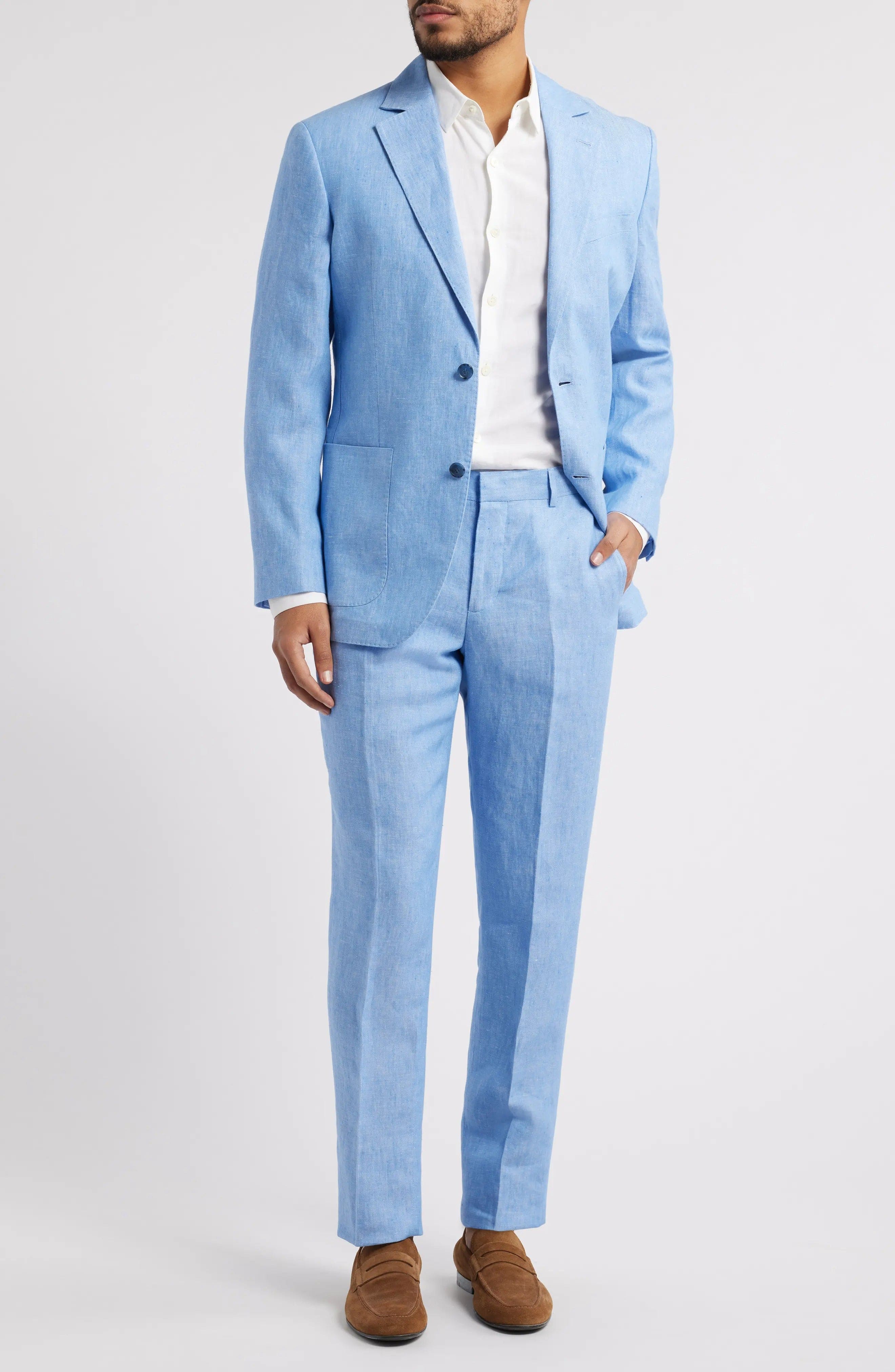 aesido Summer Blue 2 Piece Linen Double Button Business Casual Men Suit (Blazer+Pants)