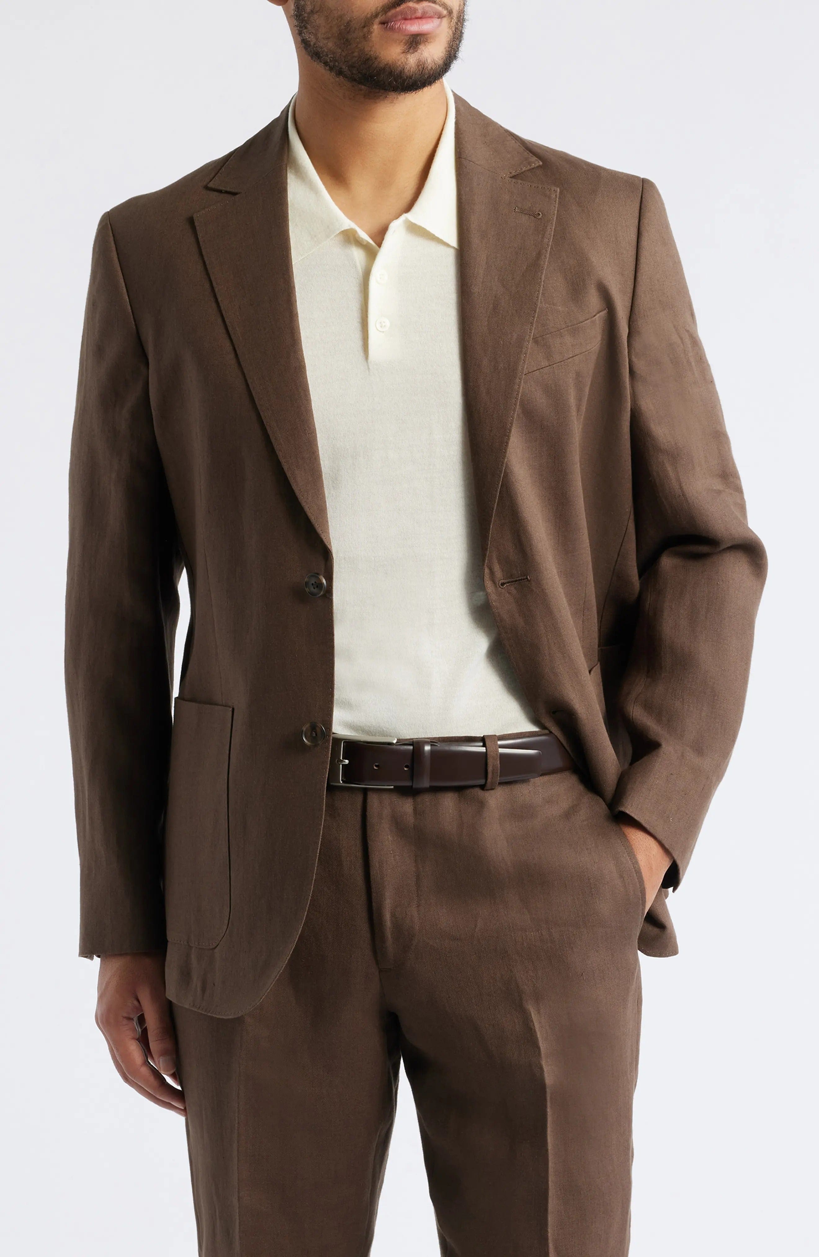 aesido Summer Brown 2 Piece Linen Double Button Business Casual Men Suit (Blazer+Pants)