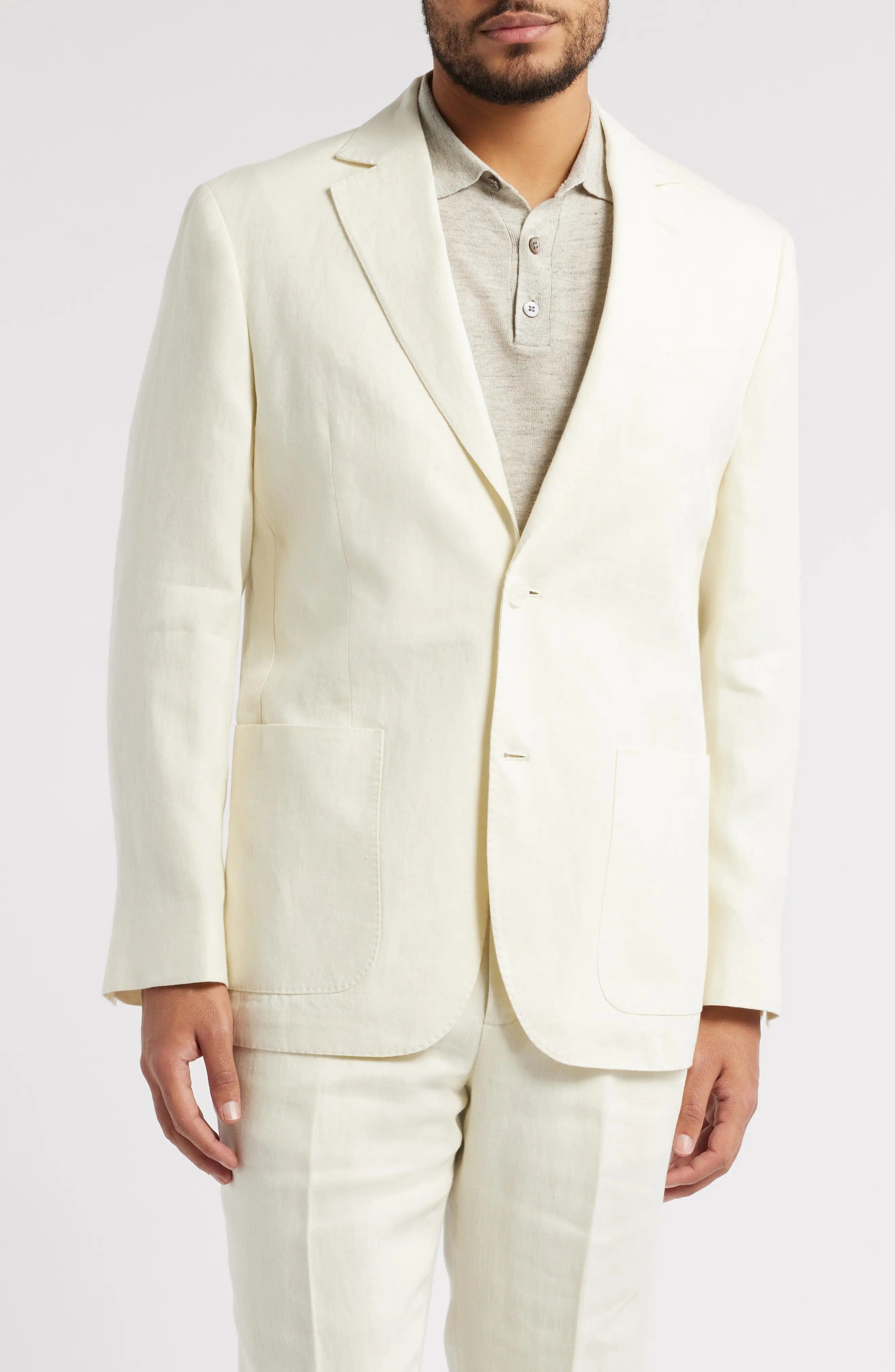 aesido Summer Ivory 2 Piece Linen Double Button Business Casual Men Suit (Blazer+Pants)