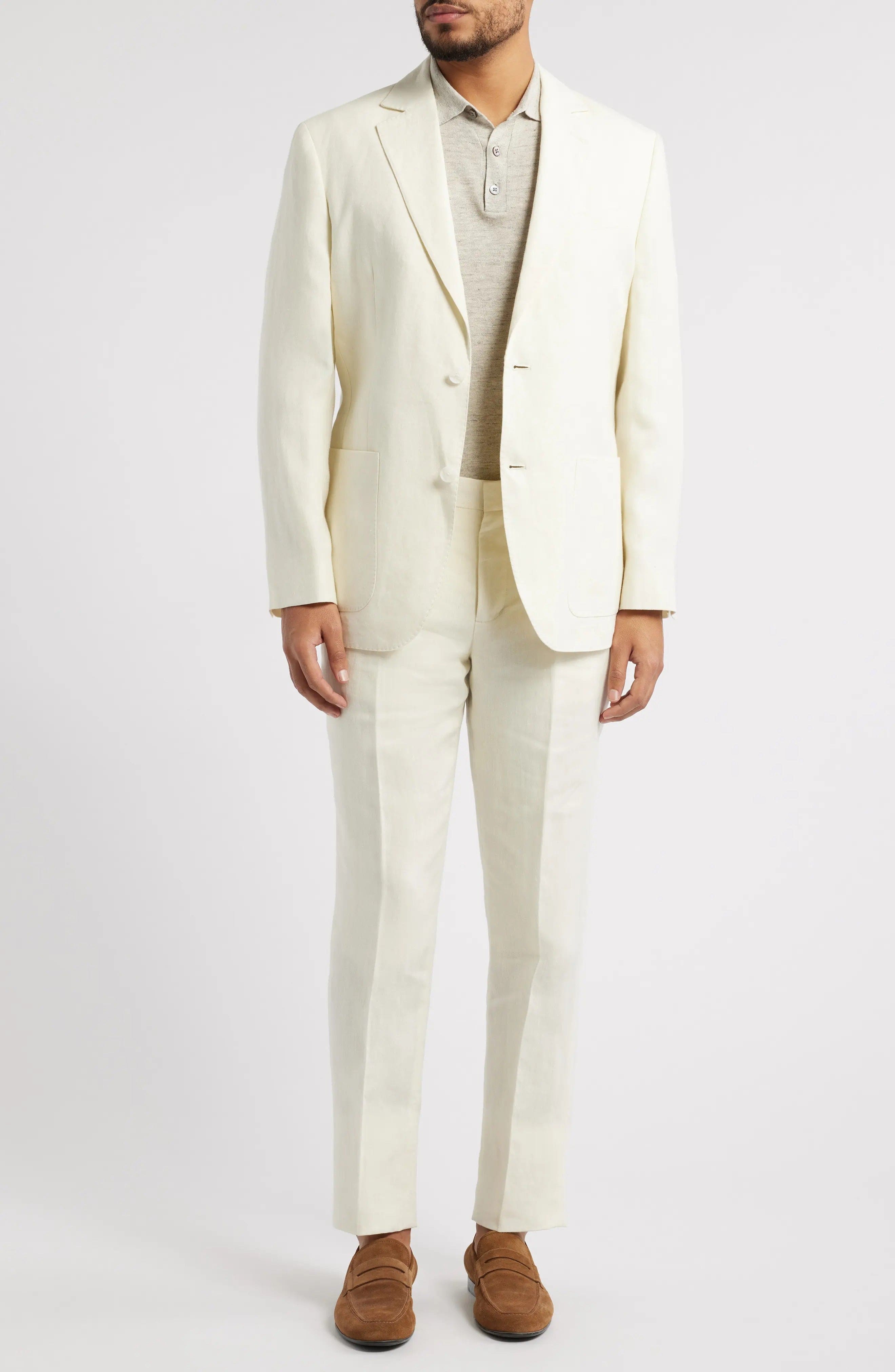 aesido Summer Ivory 2 Piece Linen Double Button Business Casual Men Suit (Blazer+Pants)