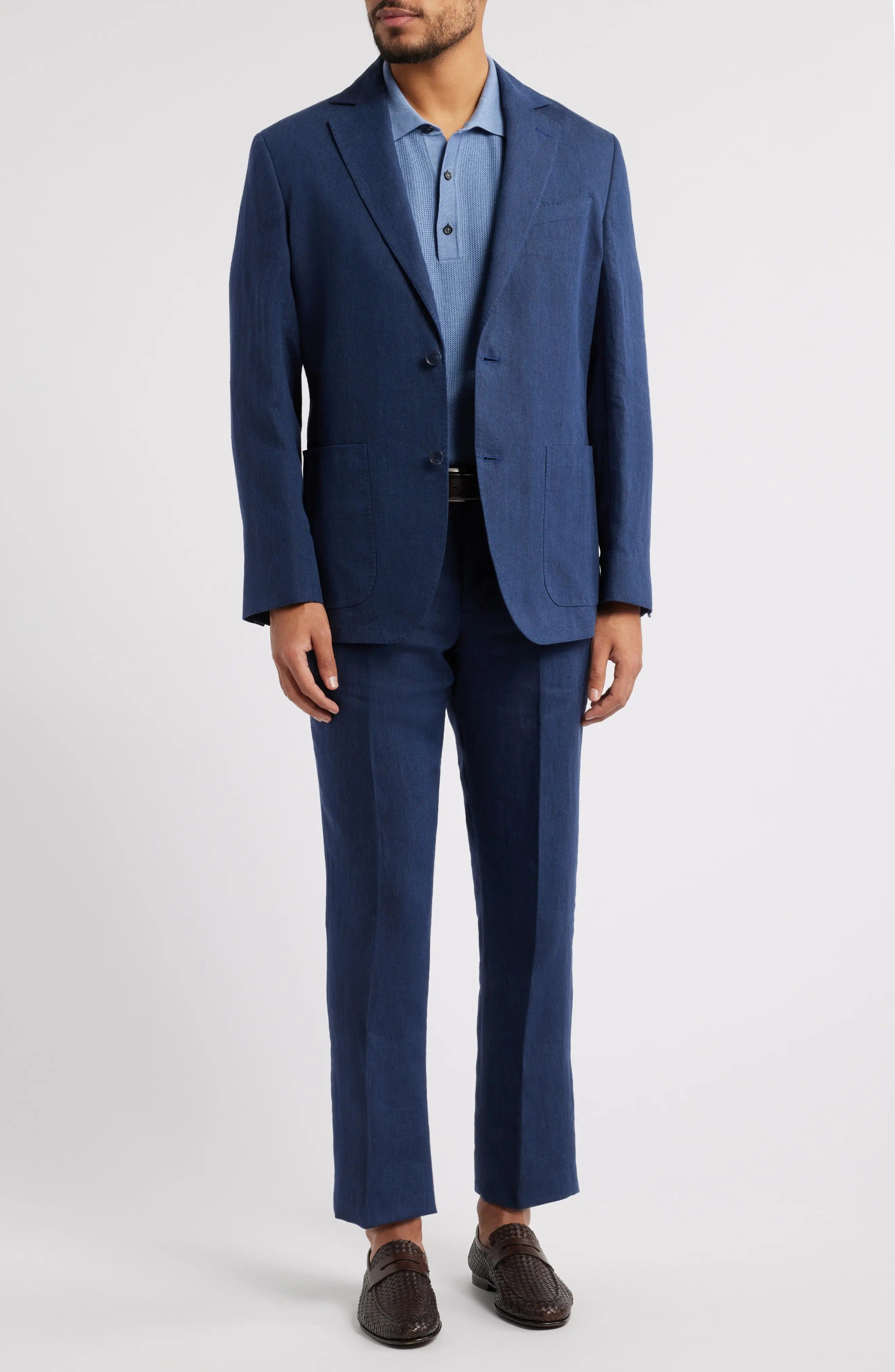 aesido Summer Navy 2 Piece Linen Double Button Business Casual Men Suit (Blazer+Pants)