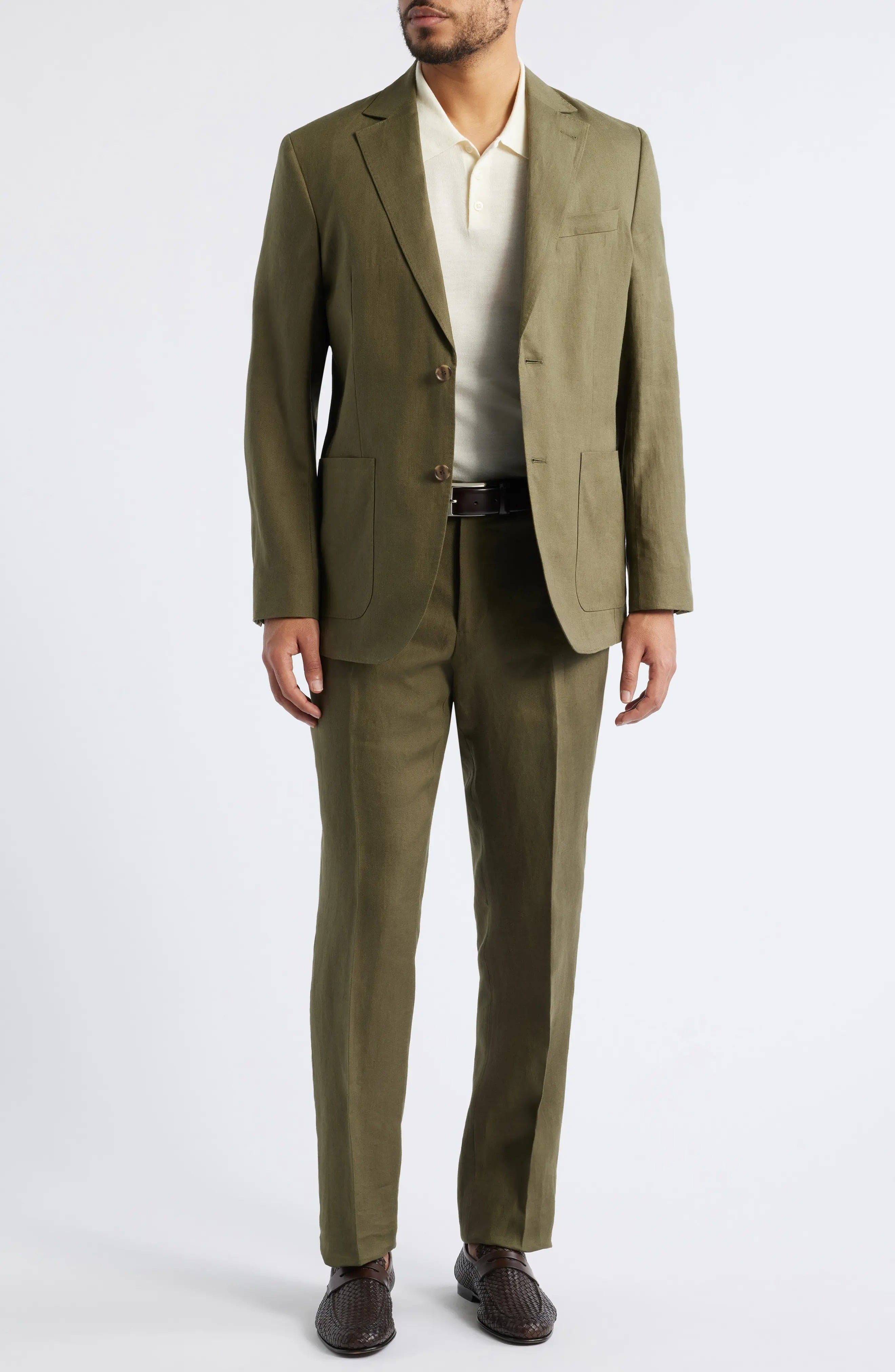 aesido Summer Olive Green 2 Piece Linen Double Button Business Casual Men Suit (Blazer+Pants)