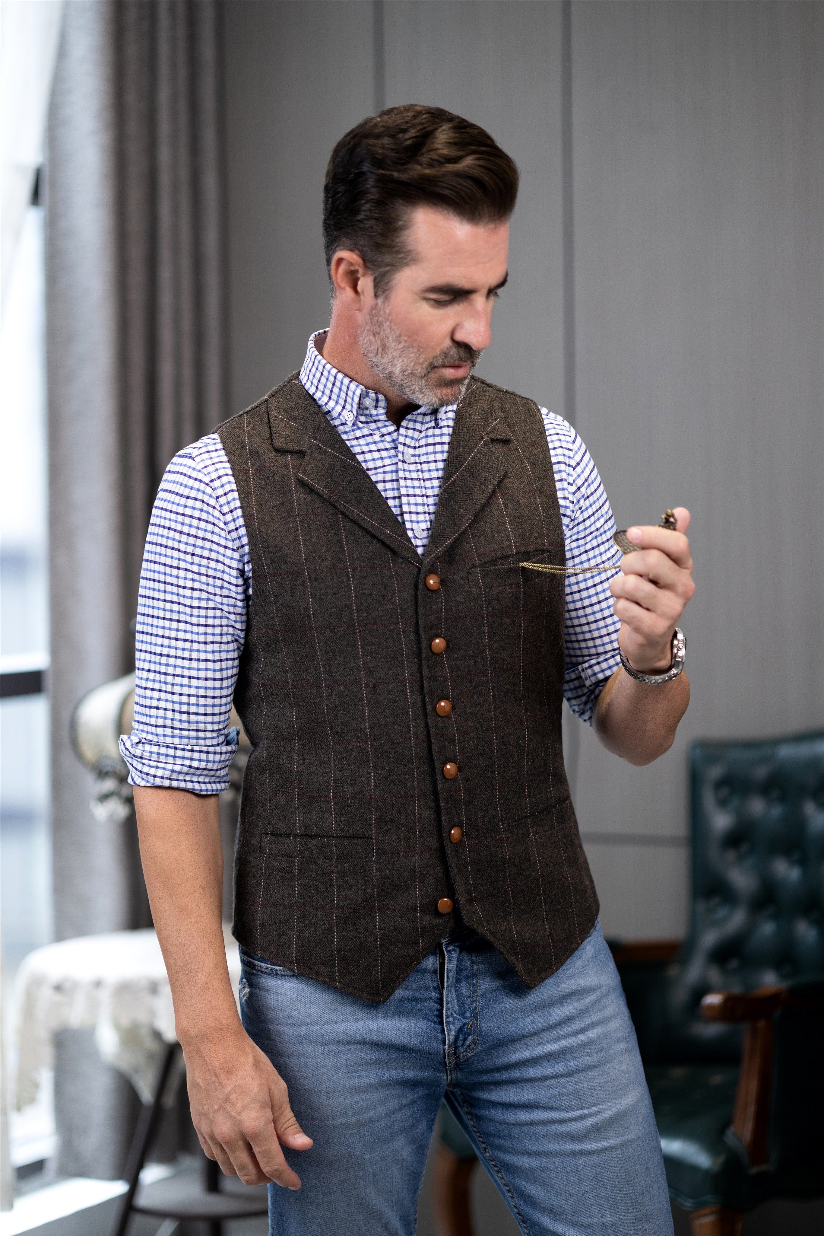 dress shirt and sweater vest Tweed Business Men Striped Vest Wedding Sleeveless Jacket Grey / L