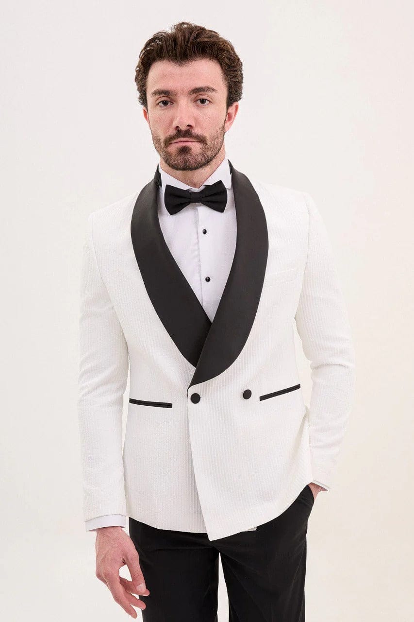 aesido White Men’s Single Button Tuxedo Suit with Black Satin Shawl Lapel and Black Pants