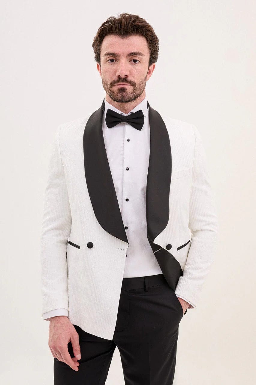 aesido White Men’s Single Button Tuxedo Suit with Black Satin Shawl Lapel and Black Pants
