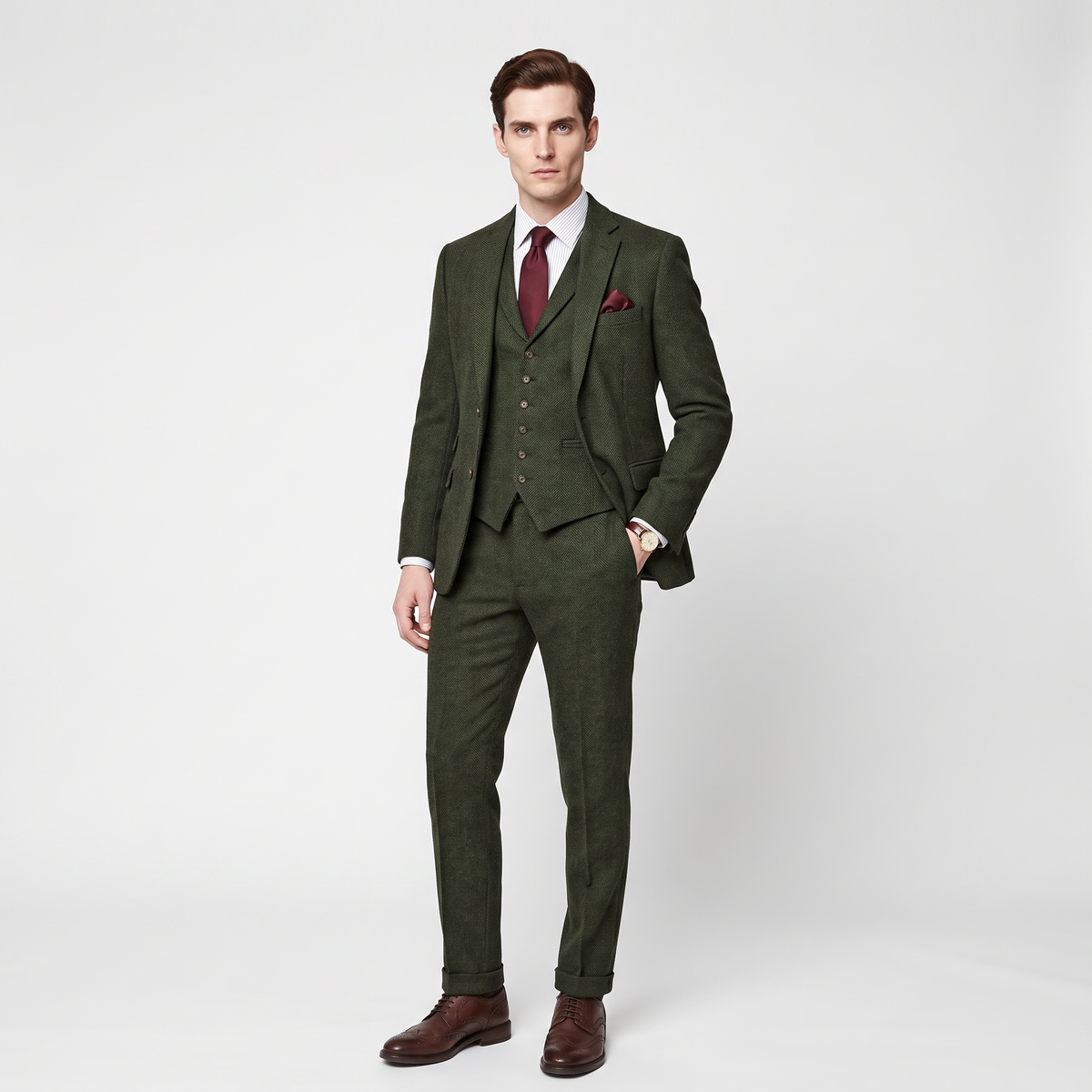 Aesido 3 Pieces Herringbone Notch Lapel Men's Suit For Wedding(Blazer+Vest+Pants)