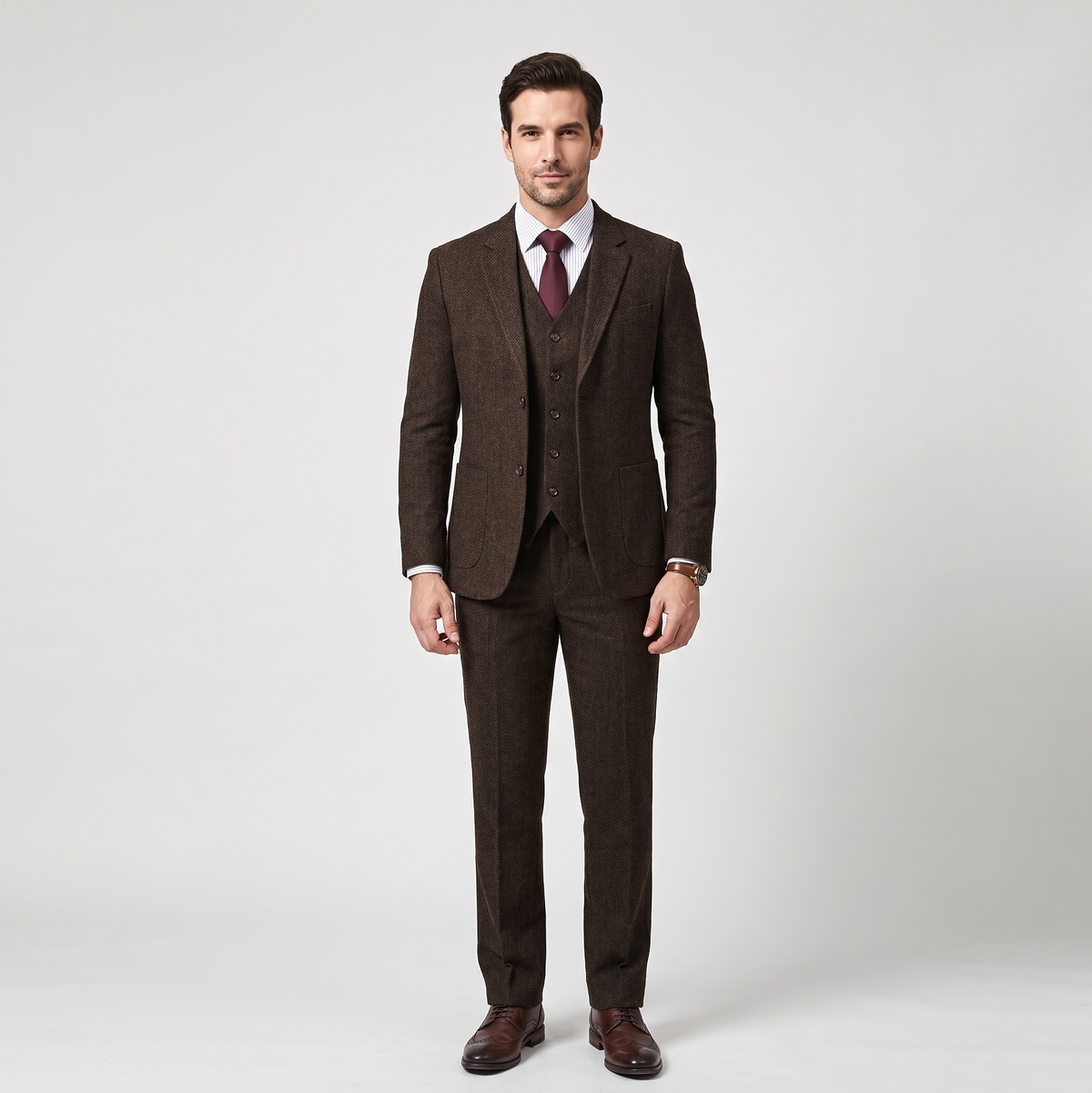 Aesido 3 Pieces Business Herringbone Notch Lapel Men's Suit(Blazer+Vest+Pants)