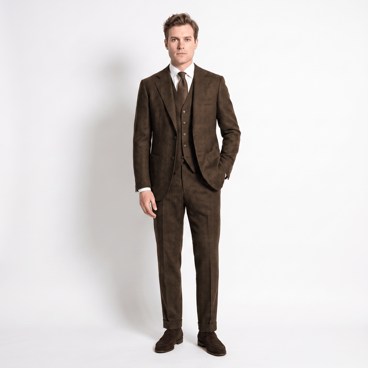 Aesido 3 Pieces Men's Suit Herringbone Notch Lapel Suits (Blazer+Vest+Pants)