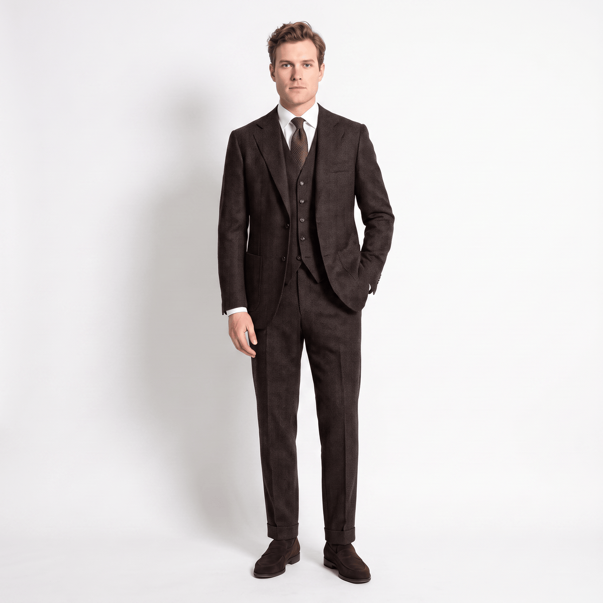 Aesido 3 Pieces Men's Suit Herringbone Notch Lapel Suits (Blazer+Vest+Pants)
