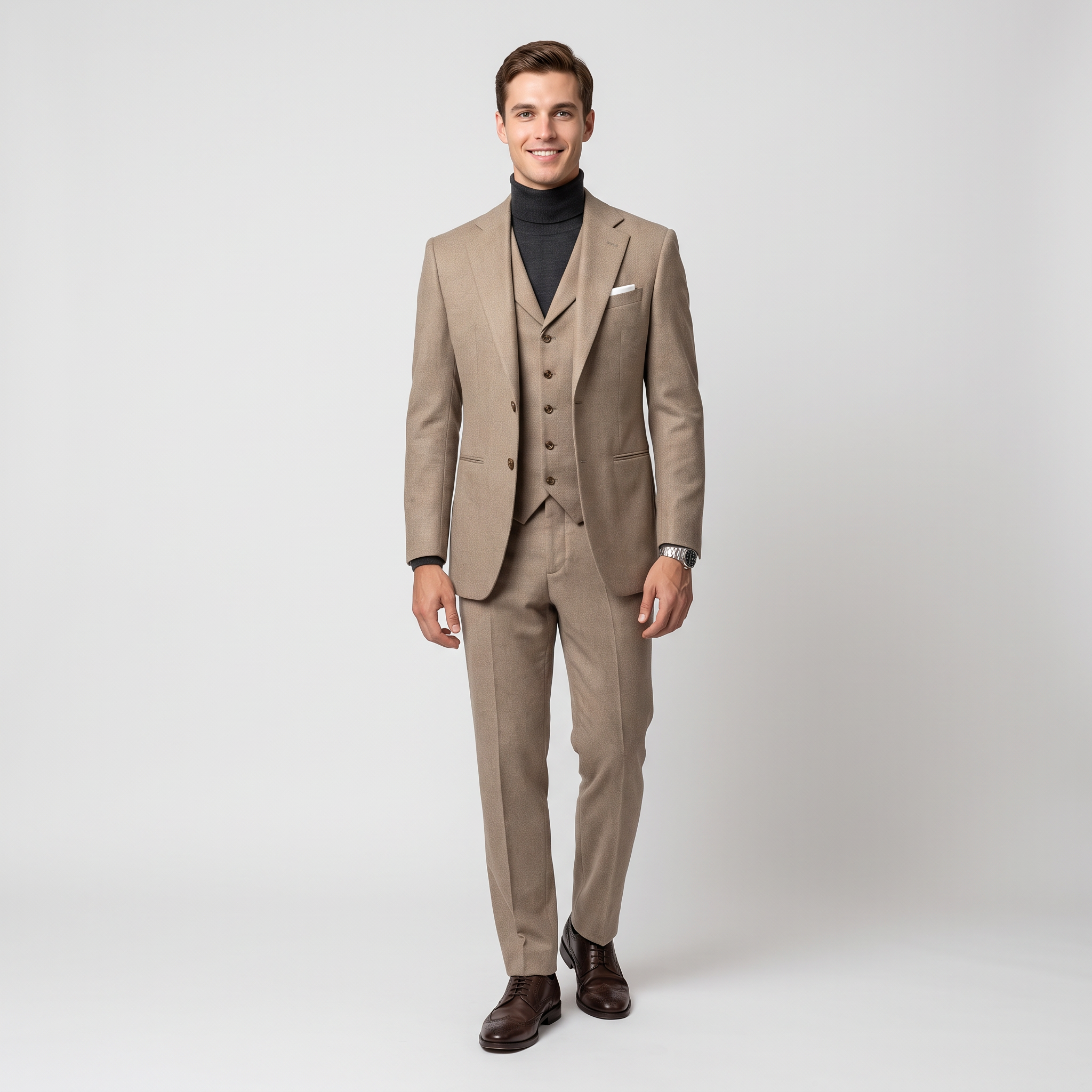 Aesido Khaki 3 Pieces Business Casual Slim Fit Tweed Men's Suit For Wedding (Blazer Vest+Pants)