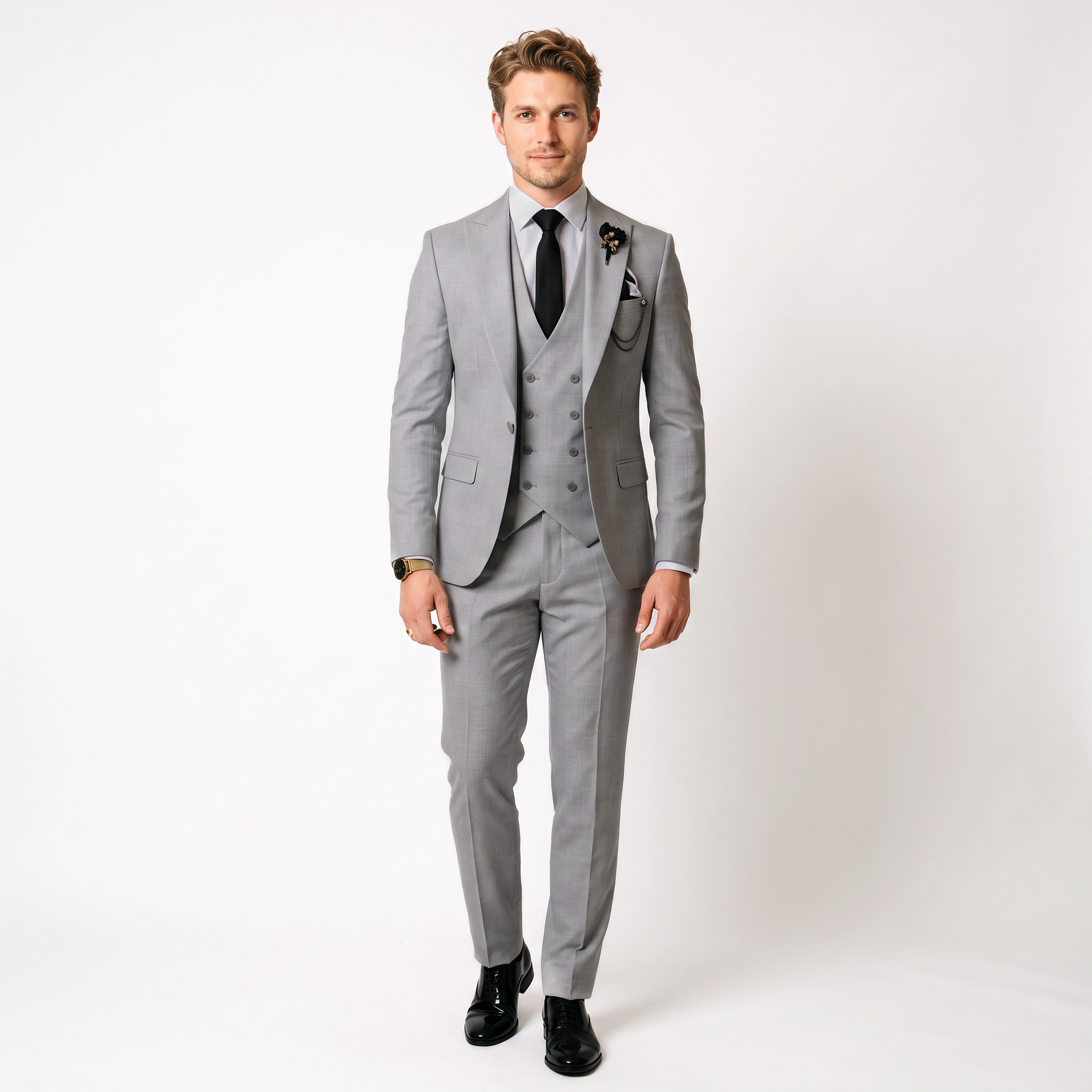 3 Piece Mens Suit Slim Fit Solid Peak Lapel Suit (Blazer + Vest + Pants)