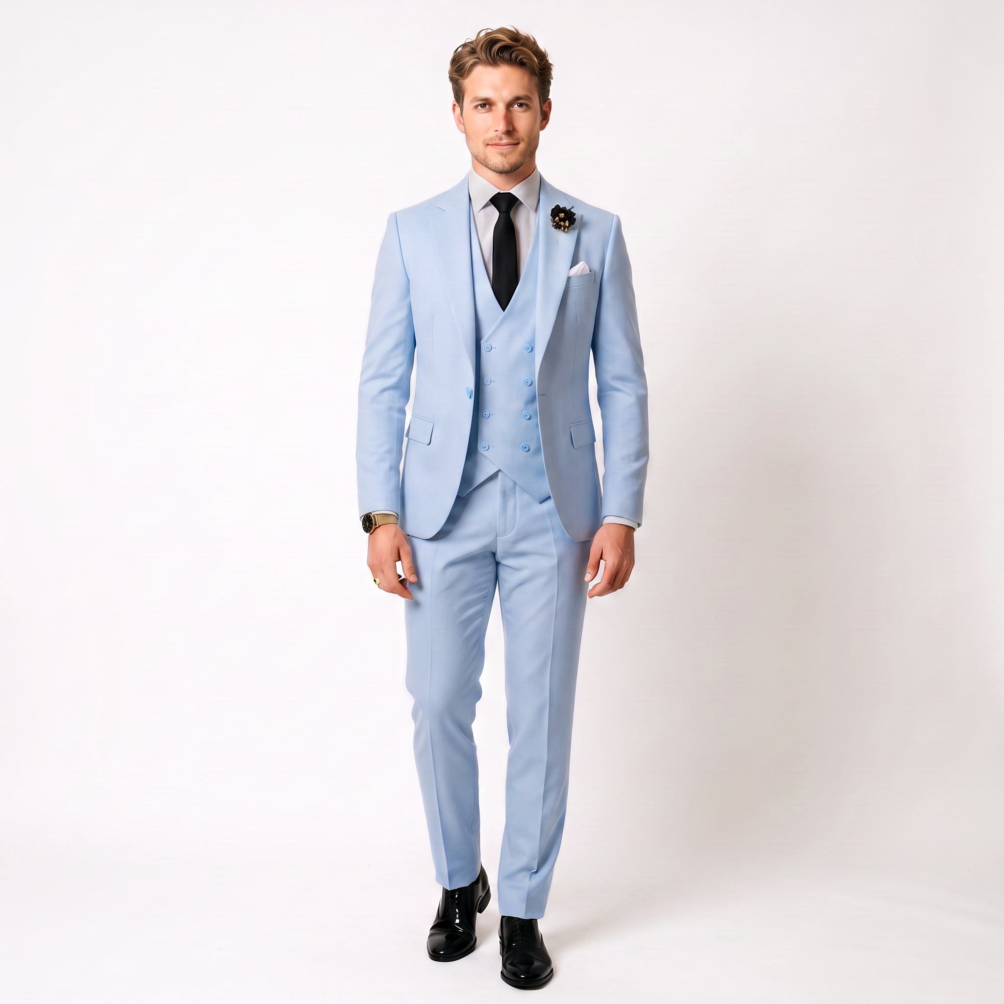 3 Piece Mens Suit Slim Fit Solid Peak Lapel Suit (Blazer + Vest + Pants)