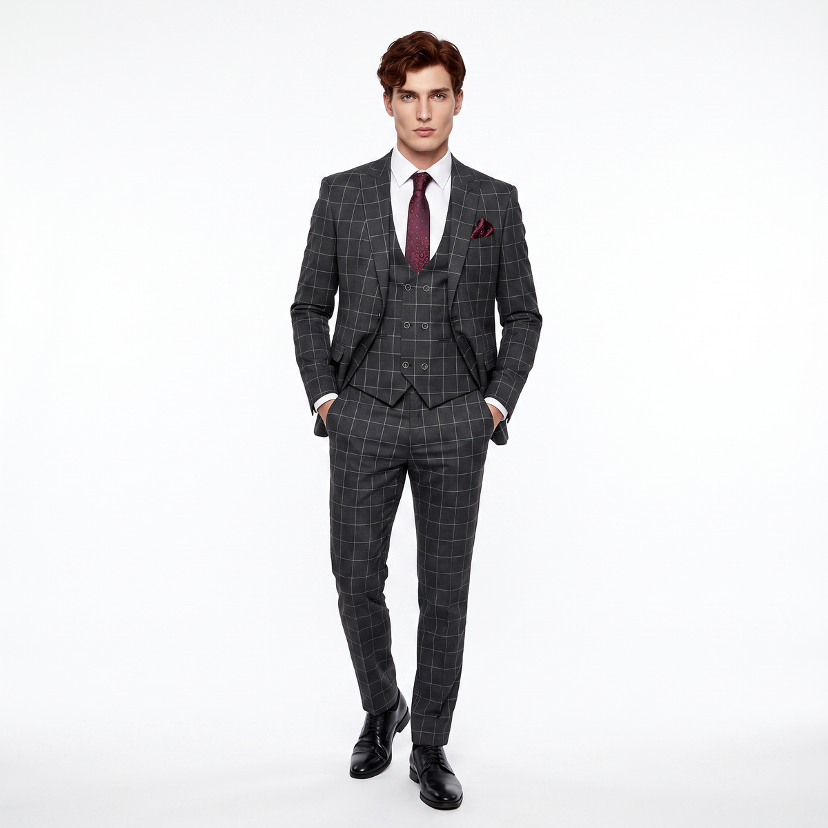 Formal Men's Suit 3 Pieces Business Plaid Solid Peak Lapel Tuxedos (Blazer+Vest+Pants)