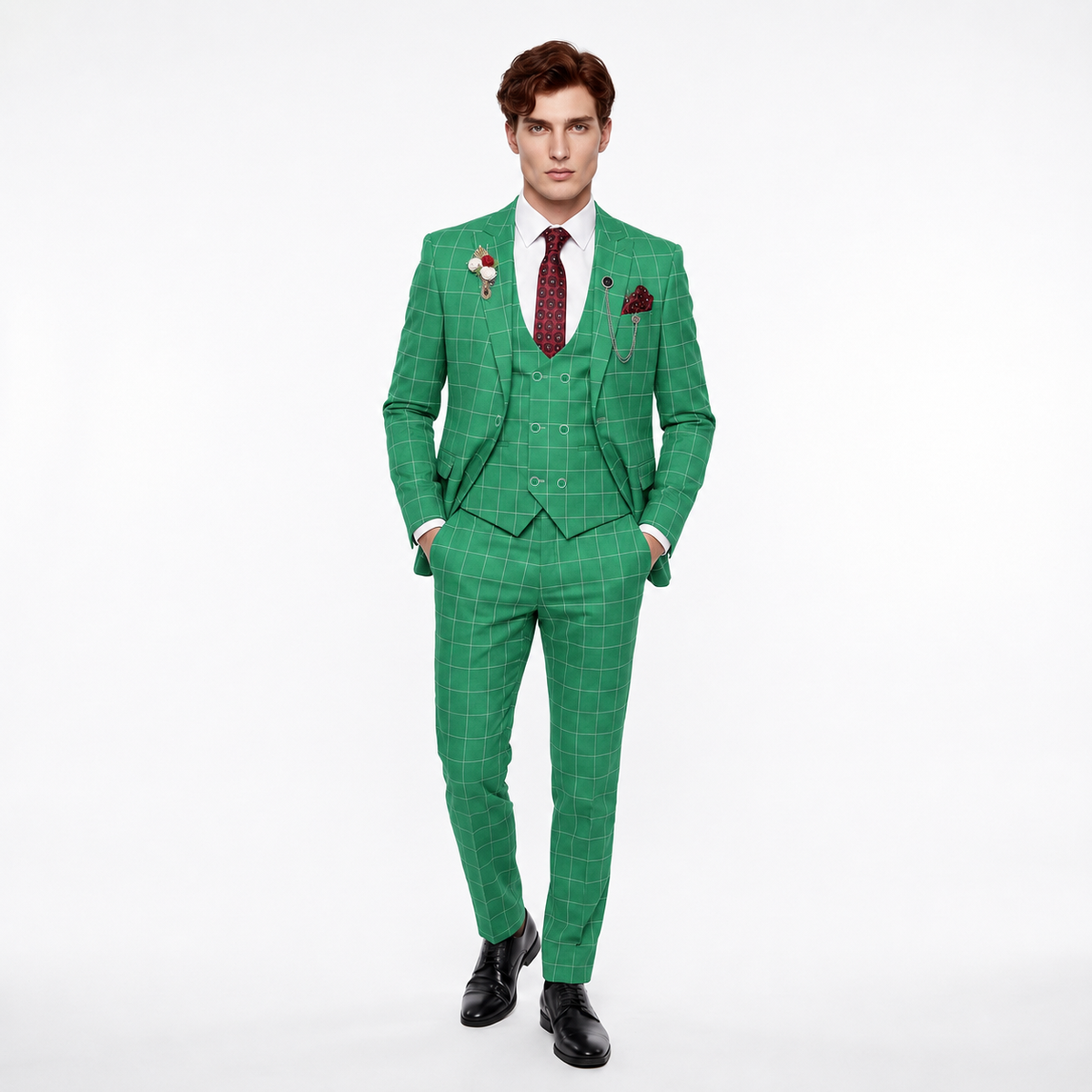 Formal Men's Suit 3 Pieces Business Plaid Solid Peak Lapel Tuxedos (Blazer+Vest+Pants)