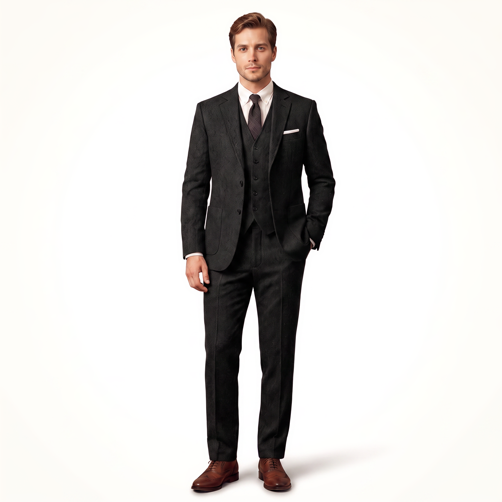 Aesido Double Buttons Casual Men's Suit 3 Pieces Classic Tweed Notch Lapel Tuxedos (Blazer+vest+Pants)