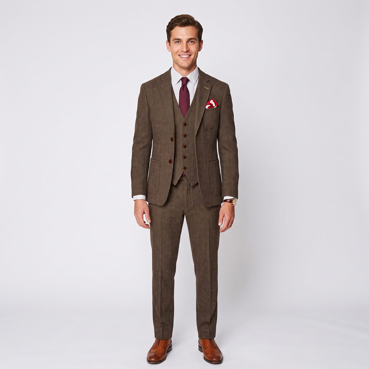 Aesido Men’s 3 Pieces Herringbone Notch Lapel Suit (Blazer Vest+Pants)