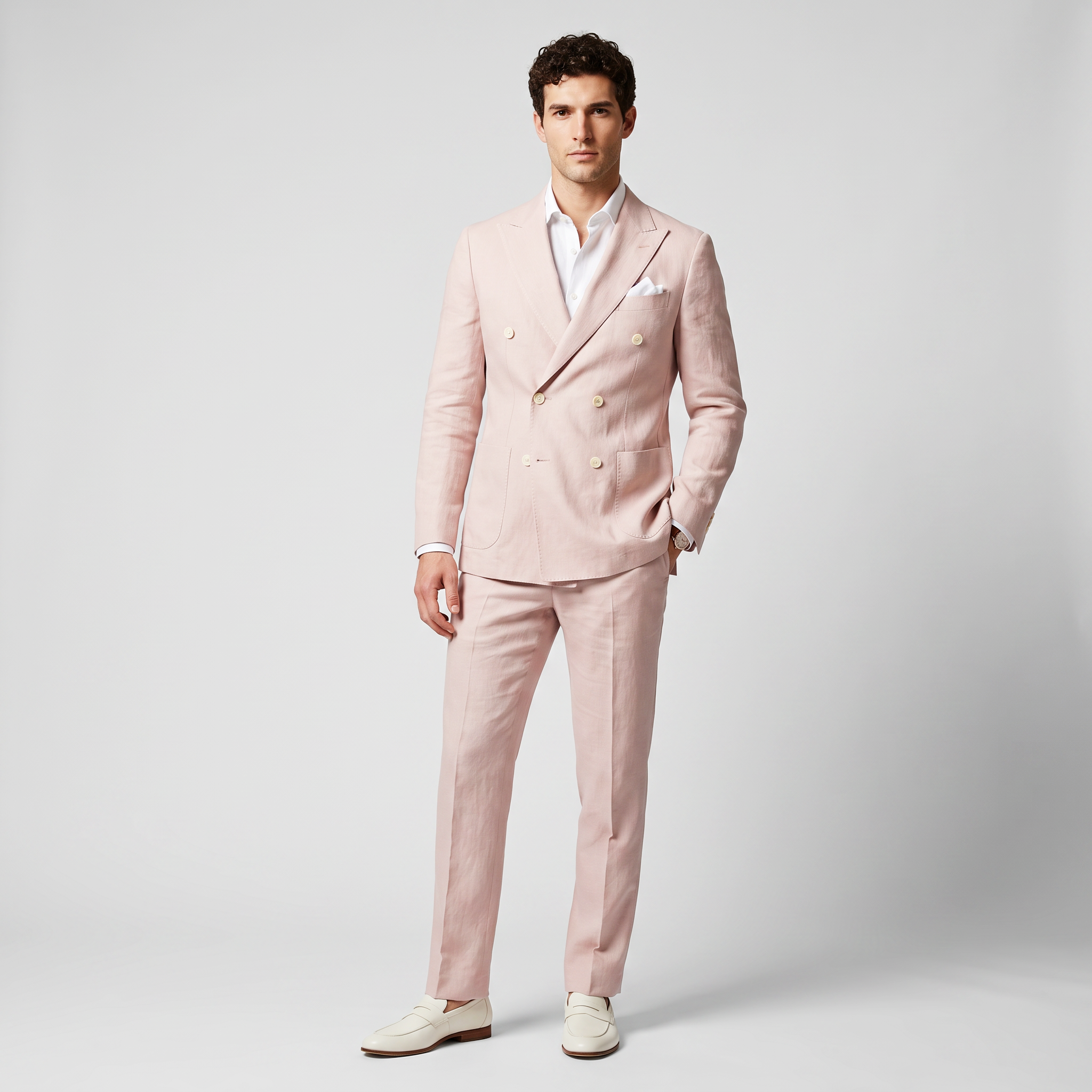 Aesido Casual 2 Pieces Linen Double Breasted Peak Lapel Men's Suits (Blazer+Pants)