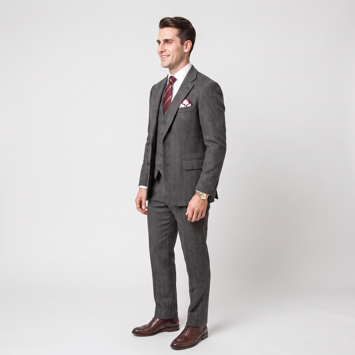 Aesido Vintage 3 Pieces Men's Suit Herringbone Notch Lapel Tuxedos (Blazer+vest+Pants)