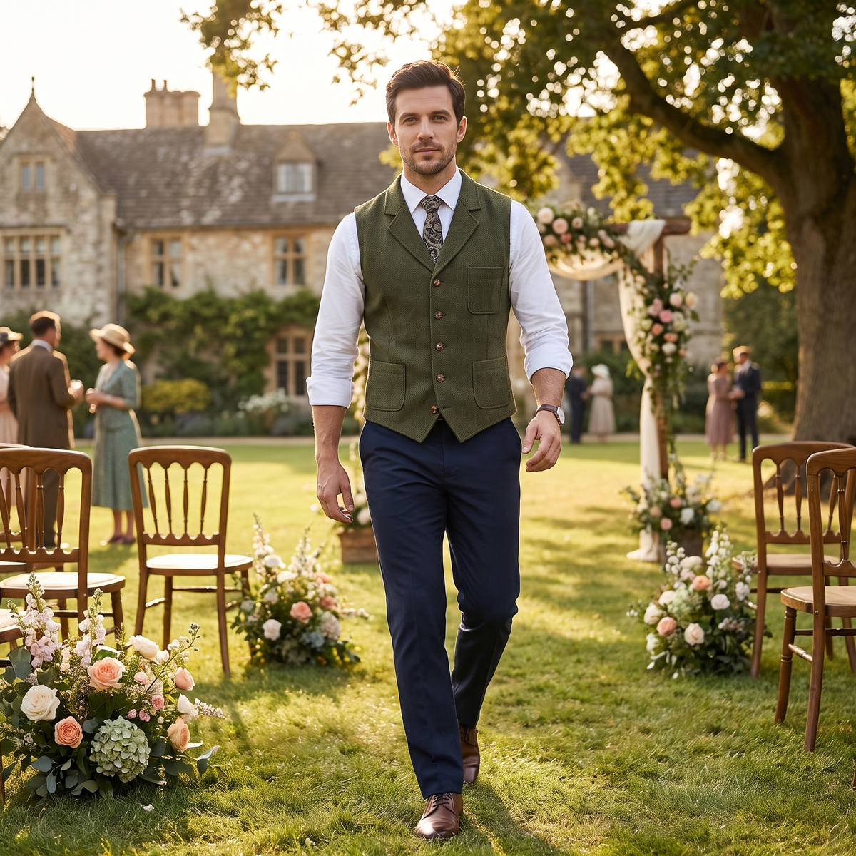 Aesido Formal Men's Vest Herringbone Notch Lapel Waistcoat