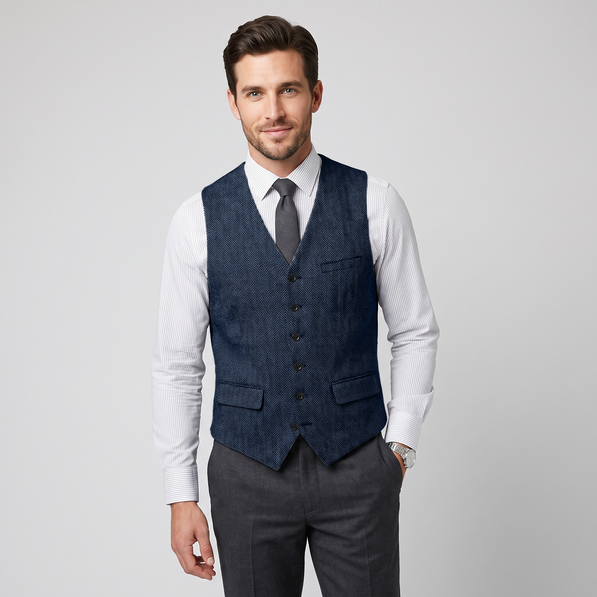 Aesido Men's Single Breasted V Neck Herringbone Waistcoat