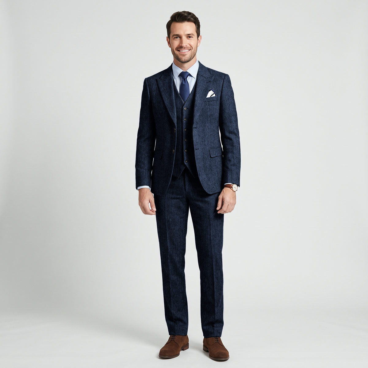 Aesido 3 Pieces Business Herringbone Peak Lapel Men's Suit (Blazer+Vest+Pants)