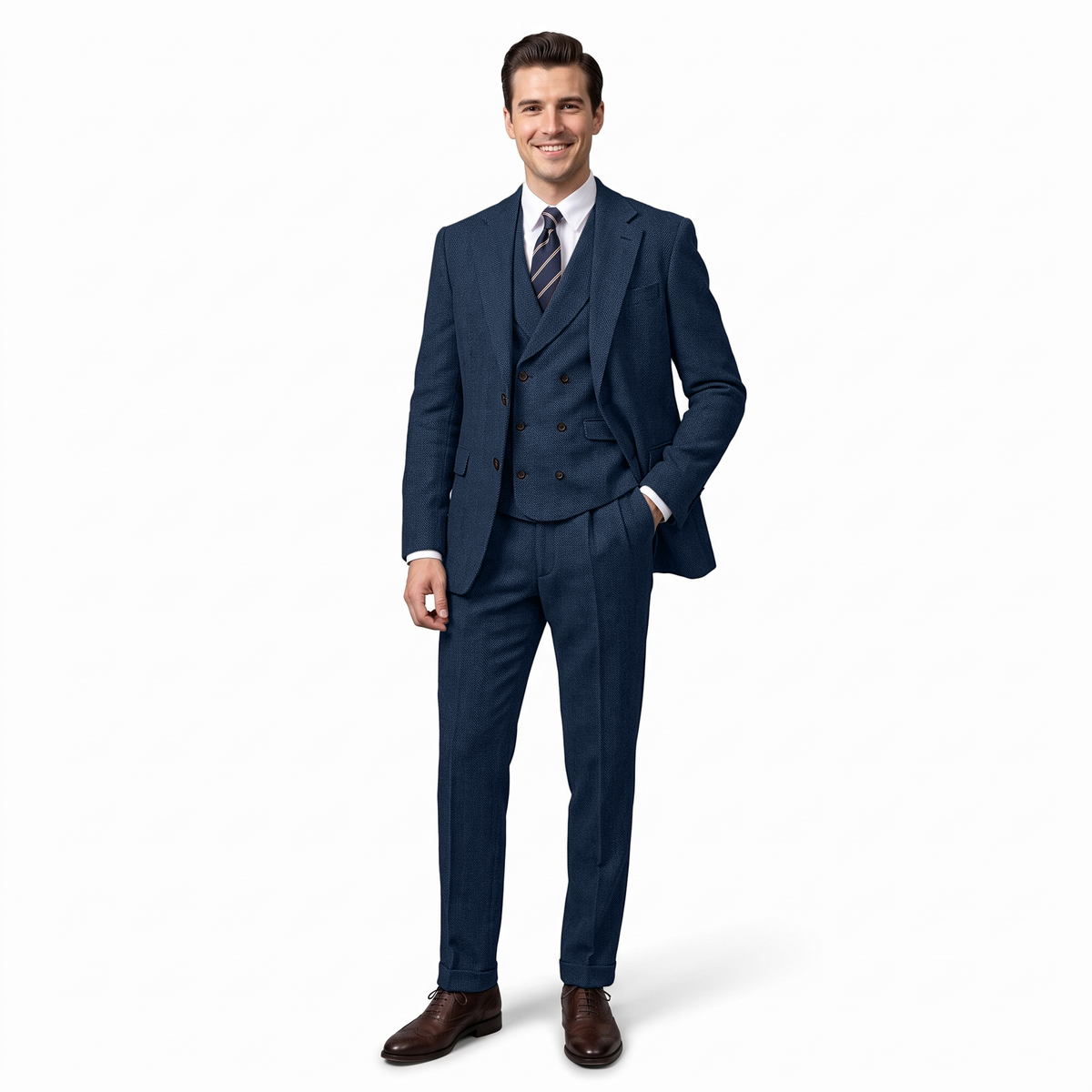 Aesido Men's Suit 3 Pieces Herringbone Notch Lapel Suit（Blazer+Vest+Pants）