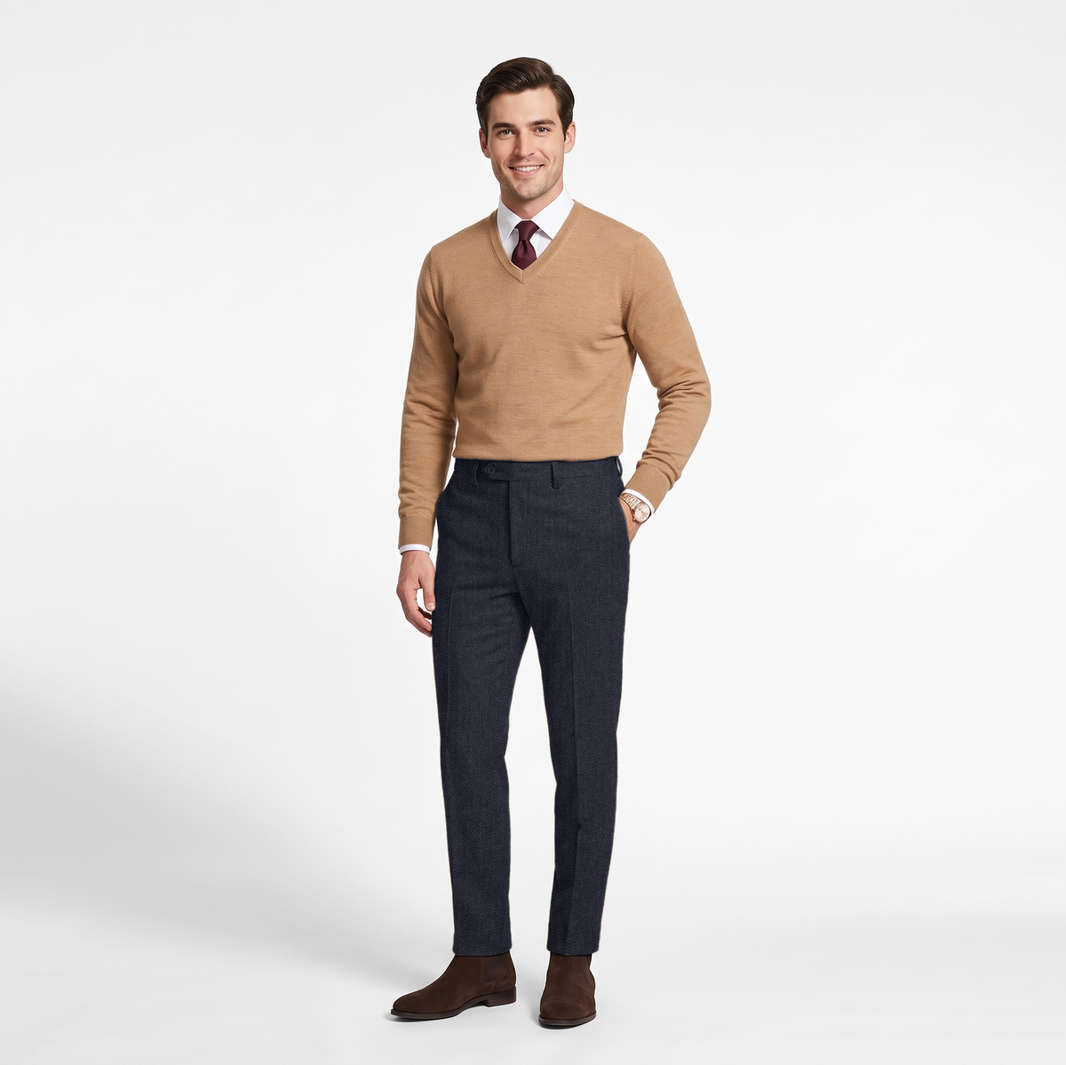 Aesido Men's Retro Pants Herringbone Tweed Trousers