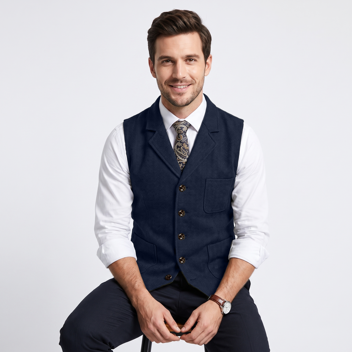 Aesido Formal Men's Vest Herringbone Notch Lapel Waistcoat