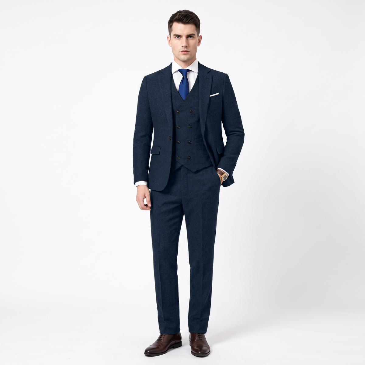 Aesido Men's Business Suit 3 Pieces Tweed Notch Lapel Suits（Blazer+Vest+Pants）