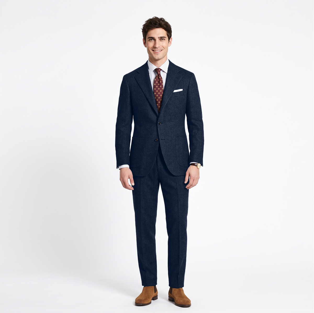 Aesido 2 Pieces Notch Lapel Herringbone Tweed Men's Suit (Blazer+Pants)