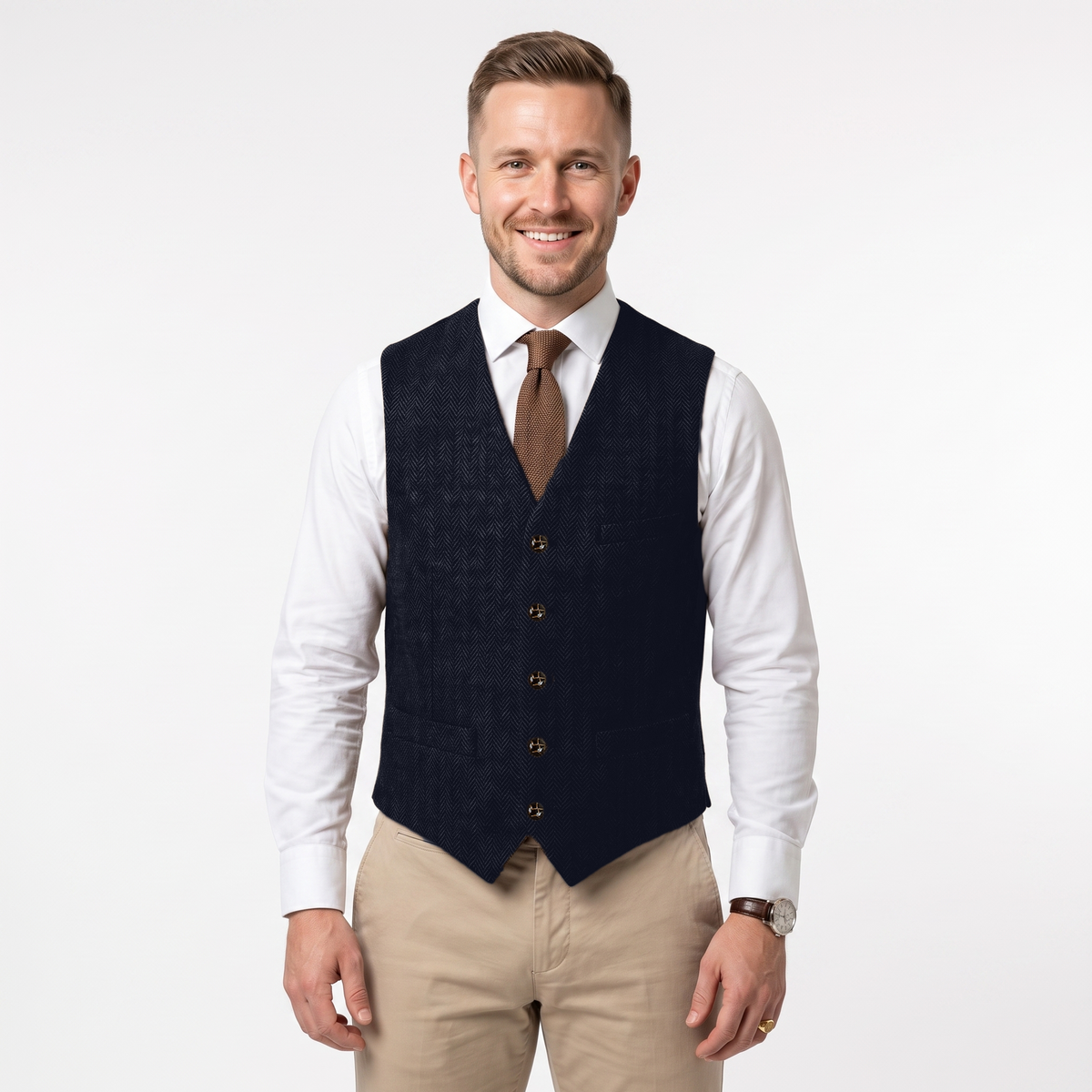 Aesido Formal Men's Vest Herringbone V Neck Waistcoat for Wedding