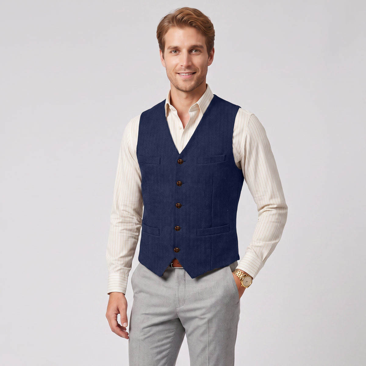 Aesido Casual Single Breasted V Neck Herringbone Men's Vest