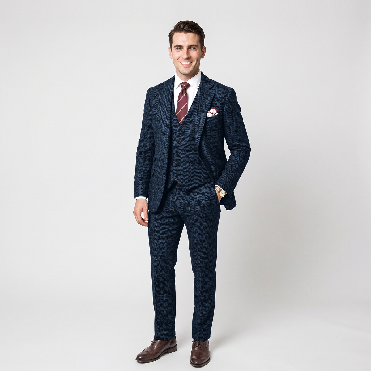 Aesido Vintage 3 Pieces Men's Suit Herringbone Notch Lapel Tuxedos (Blazer+vest+Pants)