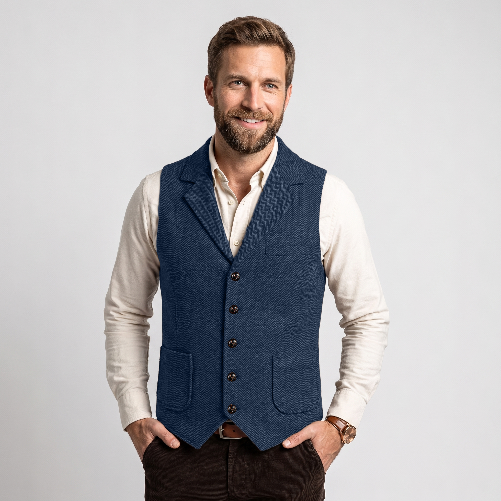 Aesido Men's Herringbone Notch Lapel Single Breasted Waistcoat